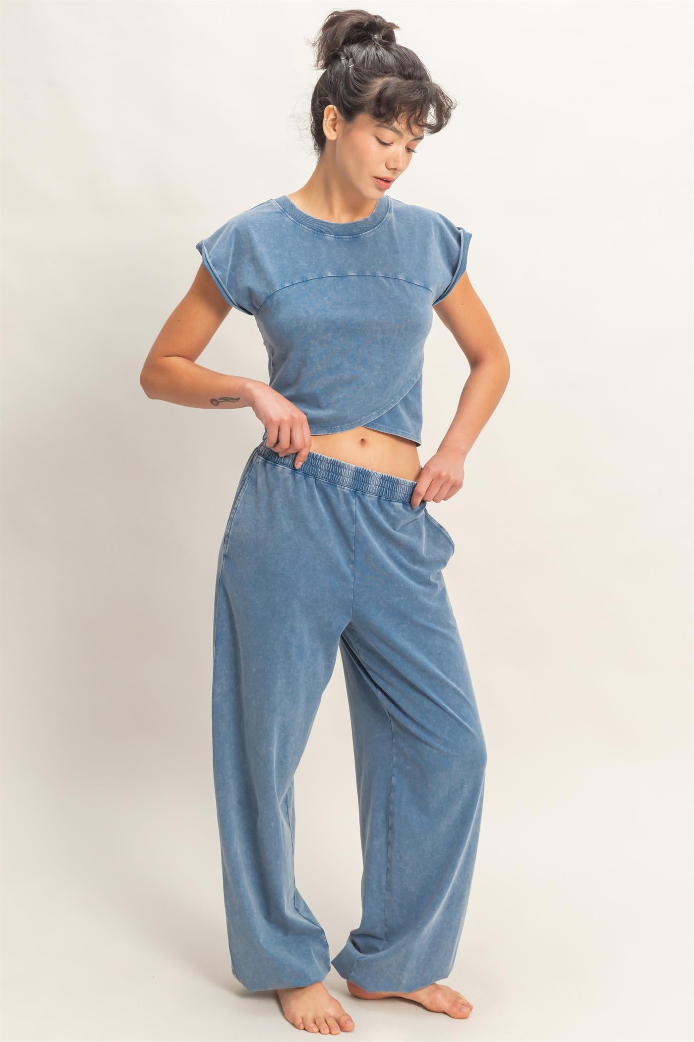 Wholesale Rolled Sleeve Wrap-Front Crop Top And Jogger Set Clothing DZ26A172-SET NAVY DOUBLE ZERO