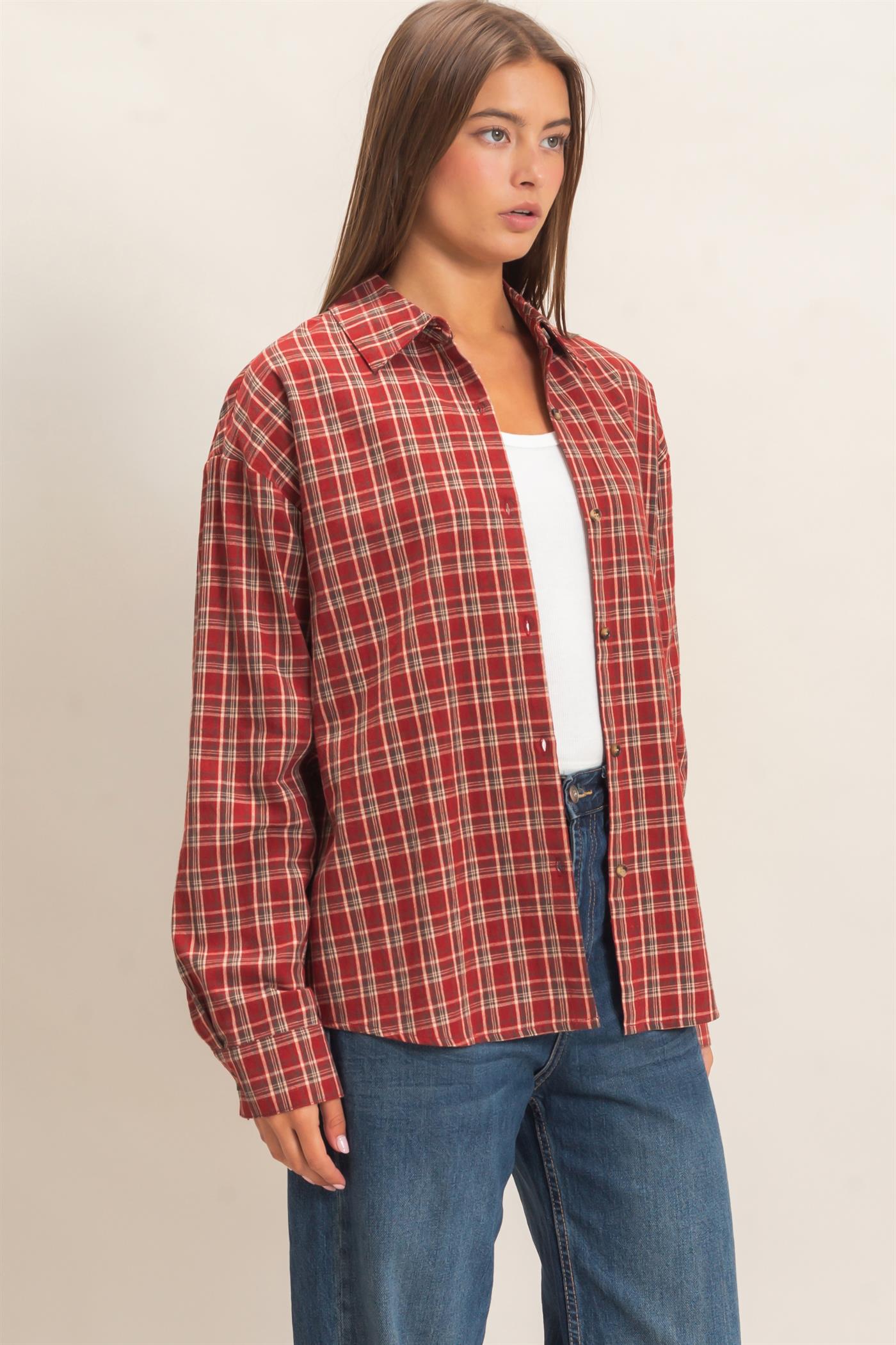 Wholesale Plaid Oversized Shirt Shirts DZ26F062 DARK RED DOUBLE ZERO