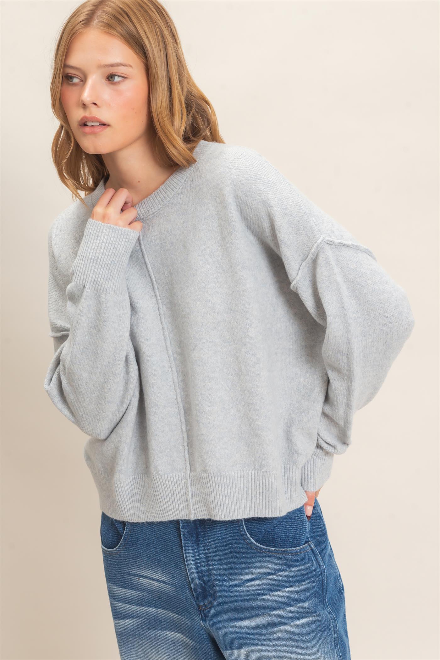 Wholesale Crew Neck Sweater With Ribbed Hem Sweaters HF26E203-D MISTY BLUE HYFVE