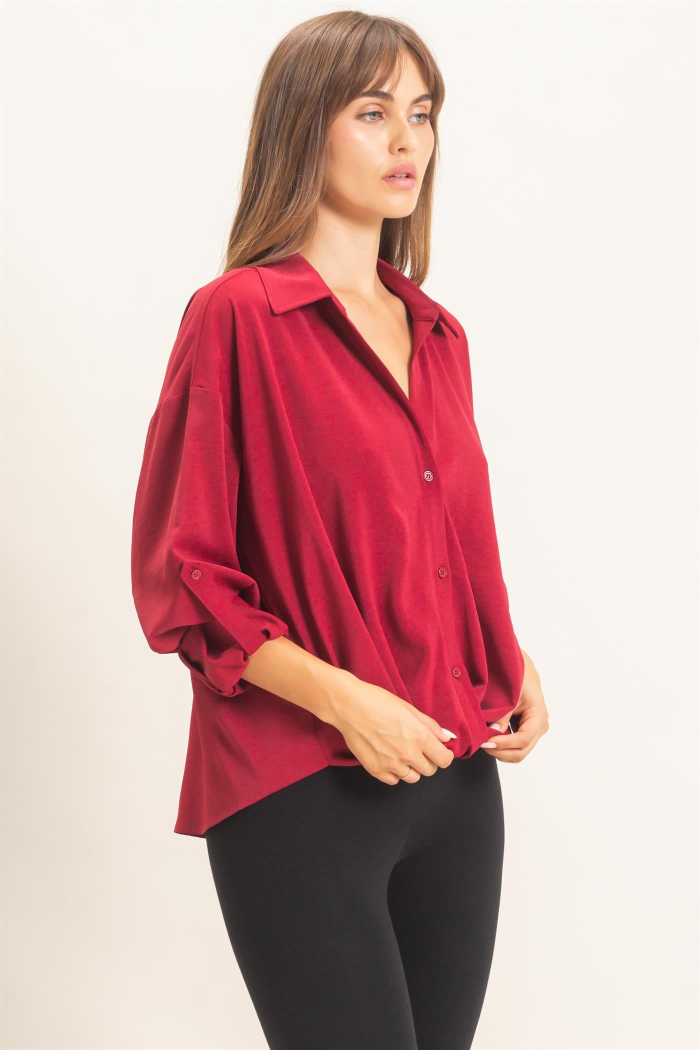 Wholesale Button-Up Dolman Sleeve Top Shirts HF26F070 BURGUNDY HYFVE