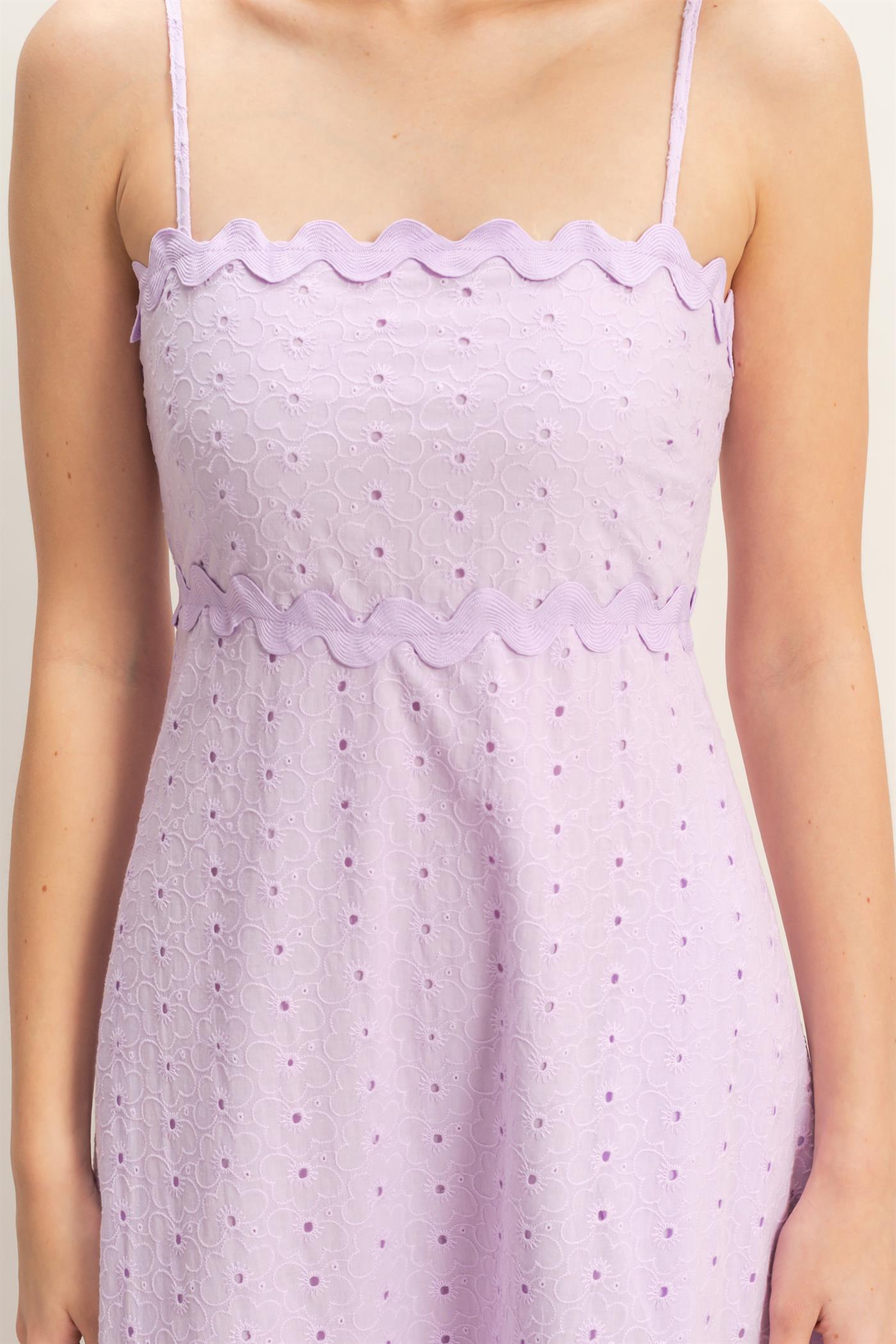 Wholesale Scallop Trim Eyelet Midi Dress Dresses HF26A694 LAVENDER HYFVE