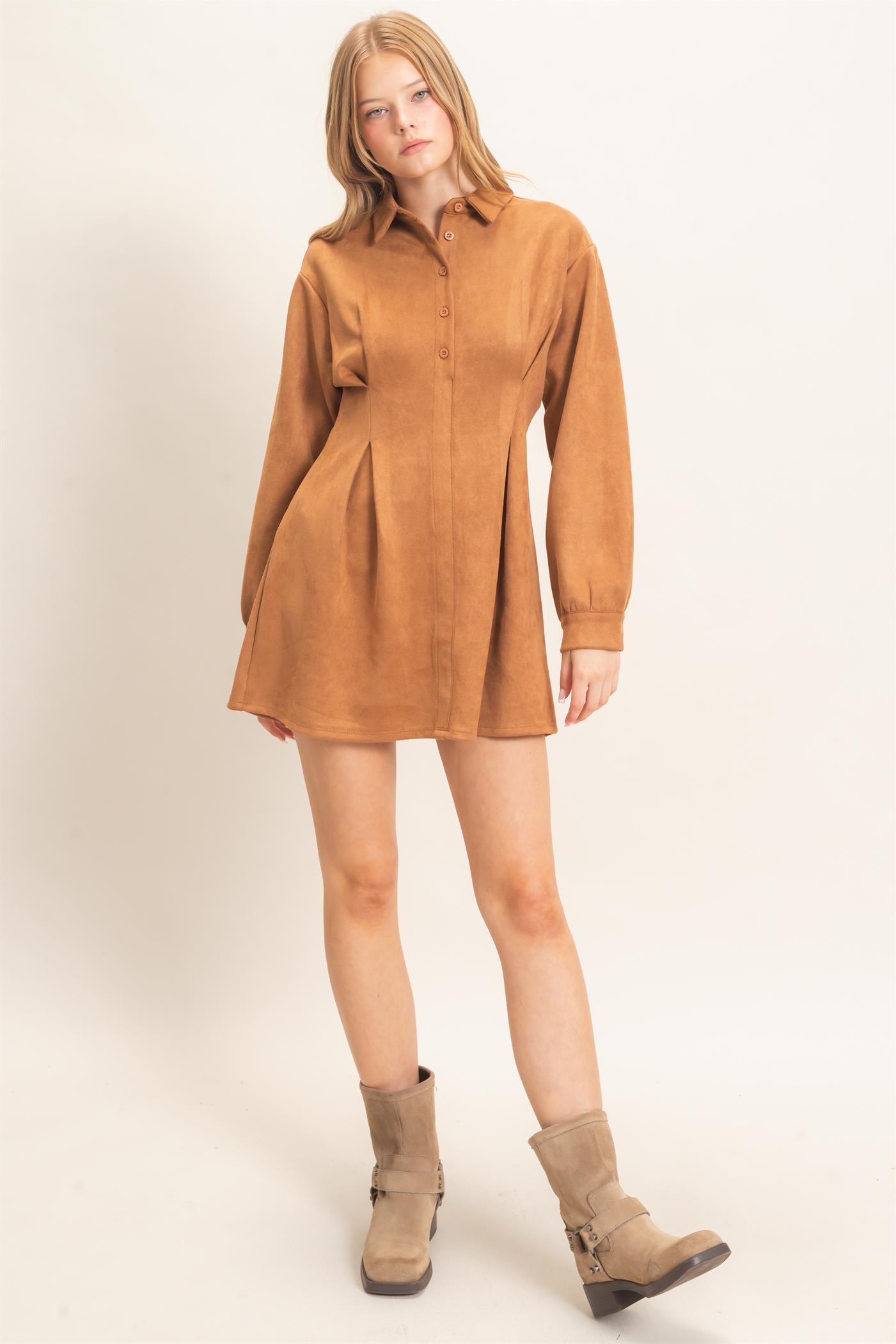 Wholesale Faux Suede Long Sleeve Shirtdress Dresses HF26F063 CAMEL HYFVE