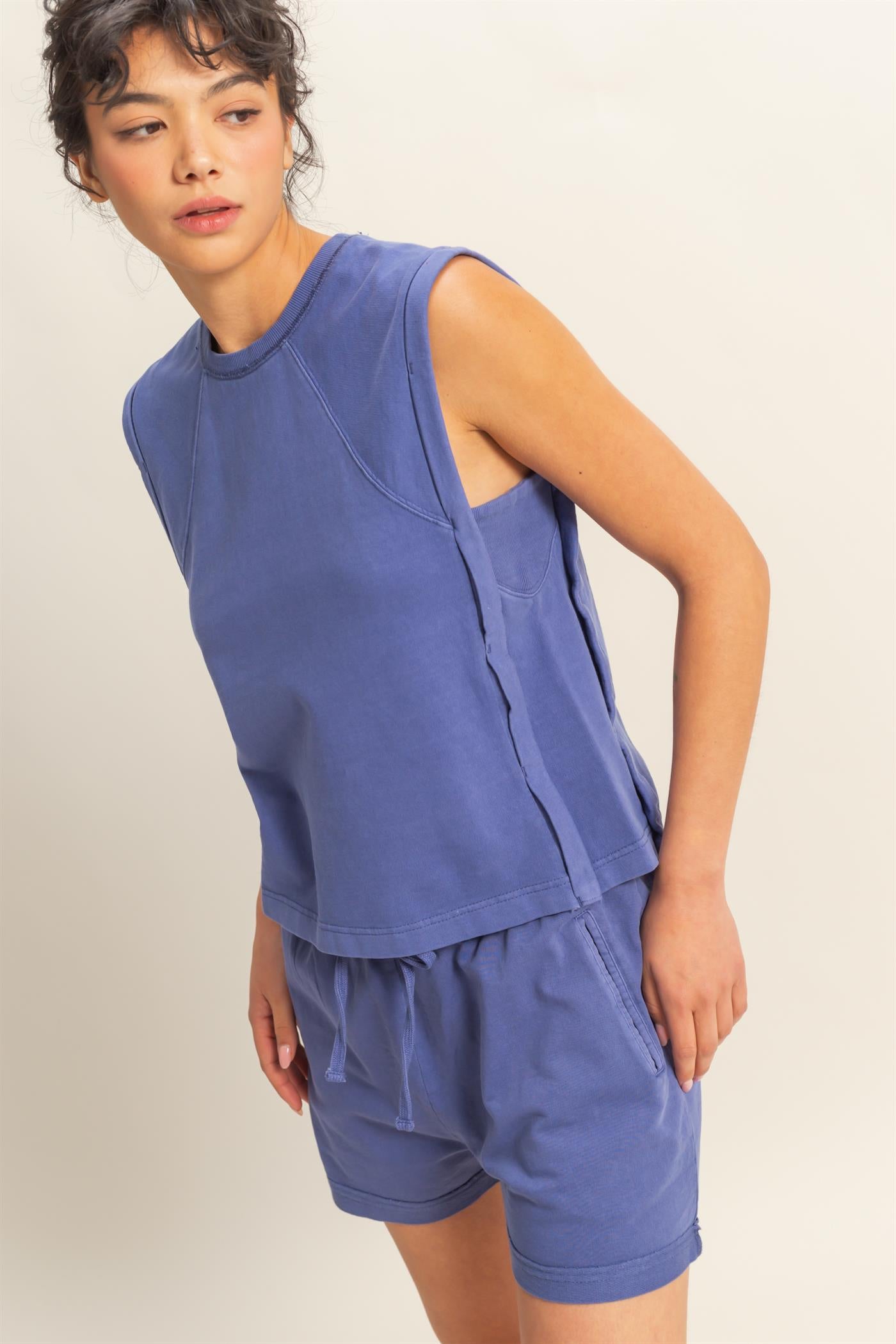 Wholesale Round Neck Sleeveless Boxy Top Clothing Tops DZ25C561 DUSTY INDIGO DOUBLE ZERO