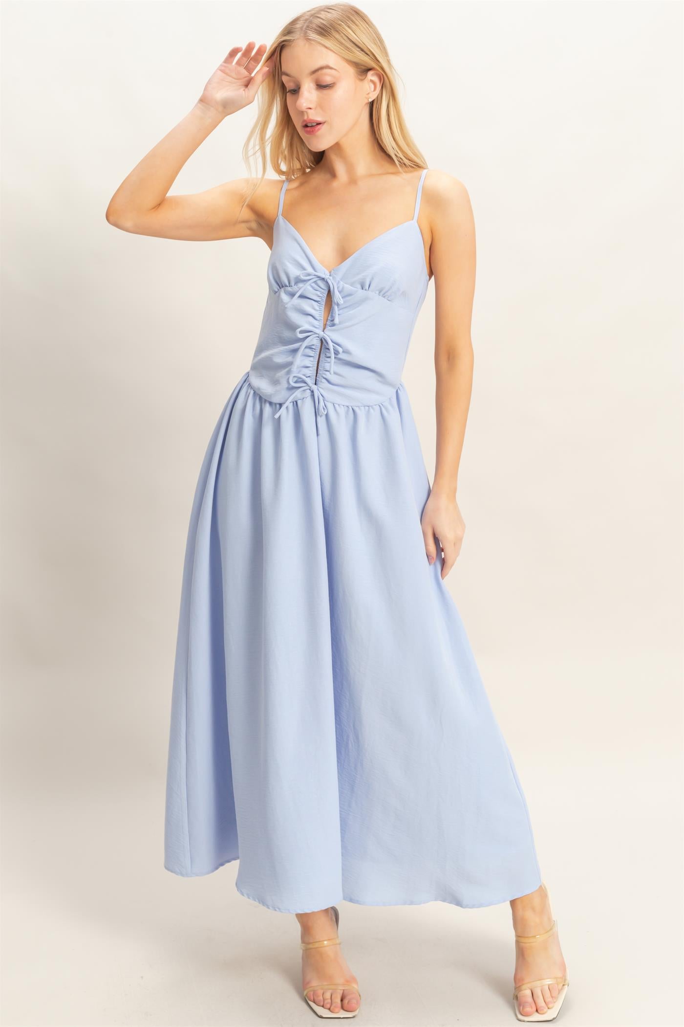 Wholesale Spaghetti Strap Ruched Dress Dresses HF26A011 L.BLUE HYFVE