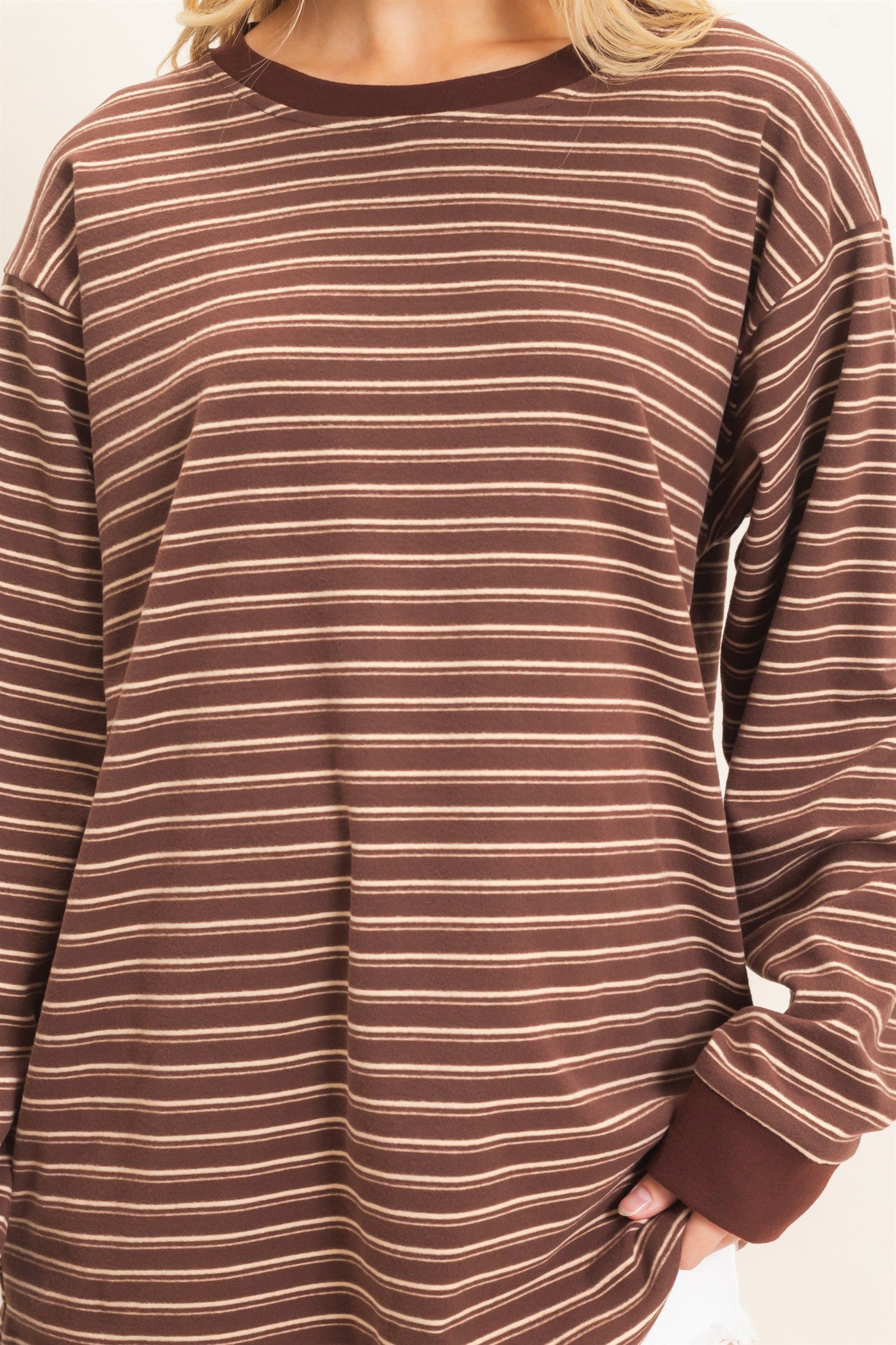 Wholesale Striped Long Sleeve Crew Neck Top Clothing Tops HF26C676 BROWN HYFVE