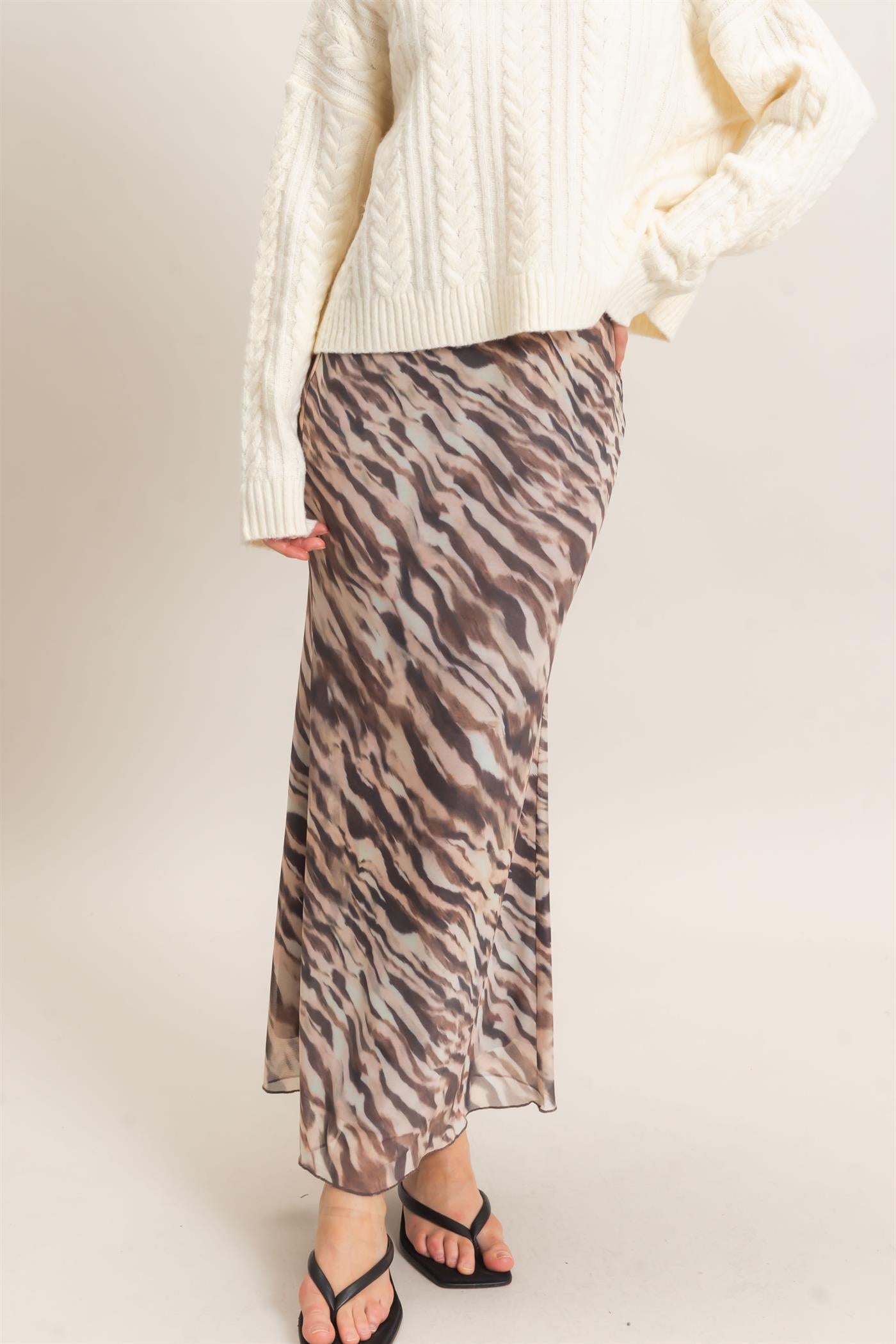 Wholesale Printed Mesh Maxi Skirt Skirts HF26F214 TAUPE/ANIMAL HYFVE