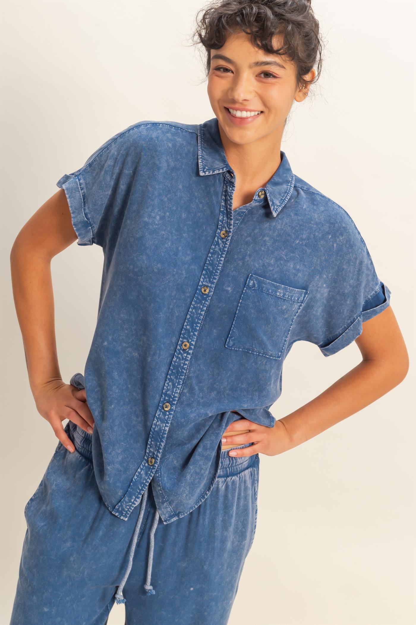Wholesale Mineral Wash Button-Up Dolman Sleeve Shirt Shirts DZ26C132 NAVY DOUBLE ZERO