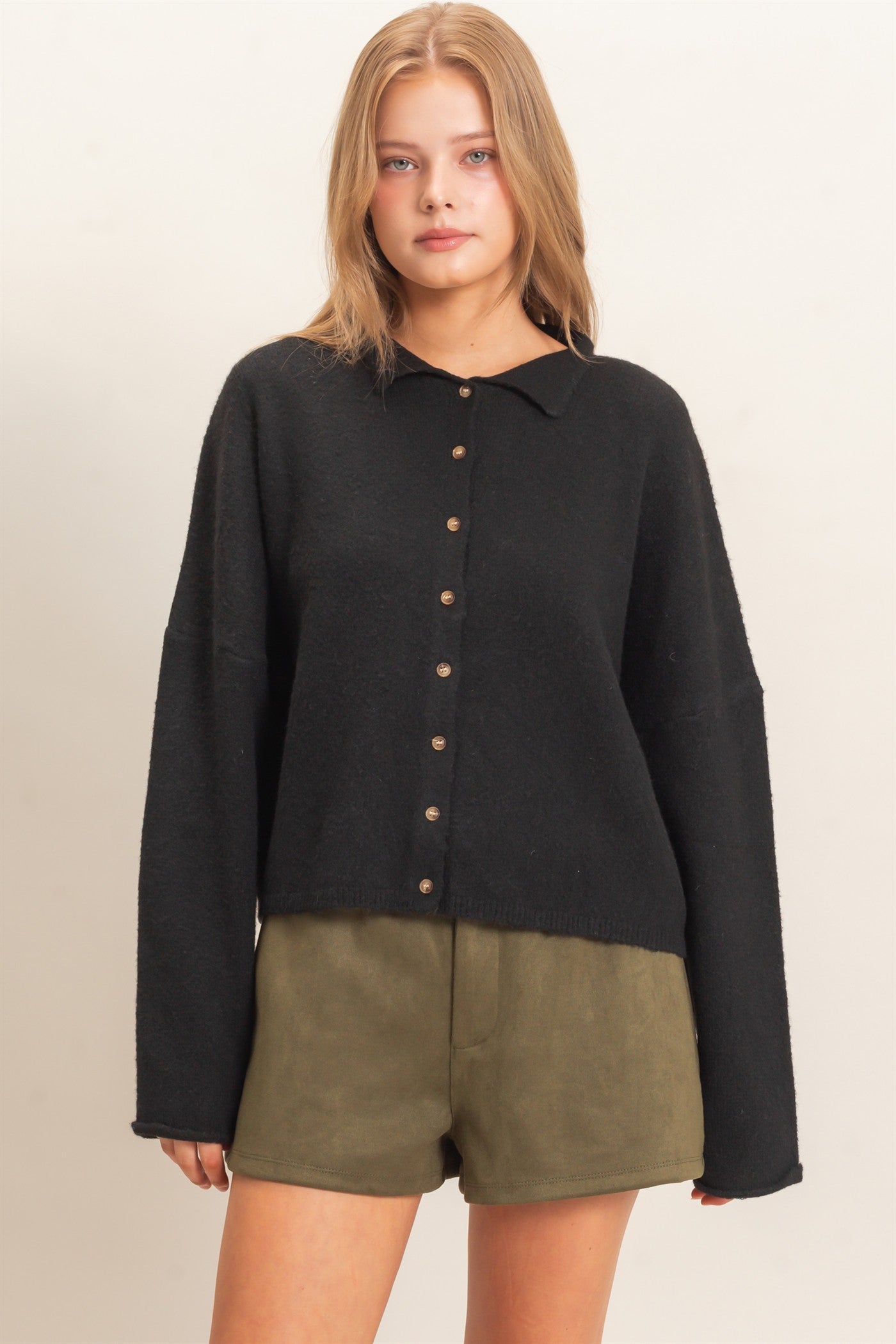 Wholesale Button-Up Collared Sweater Cardigan Cardigans HF26E039 BLACK HYFVE
