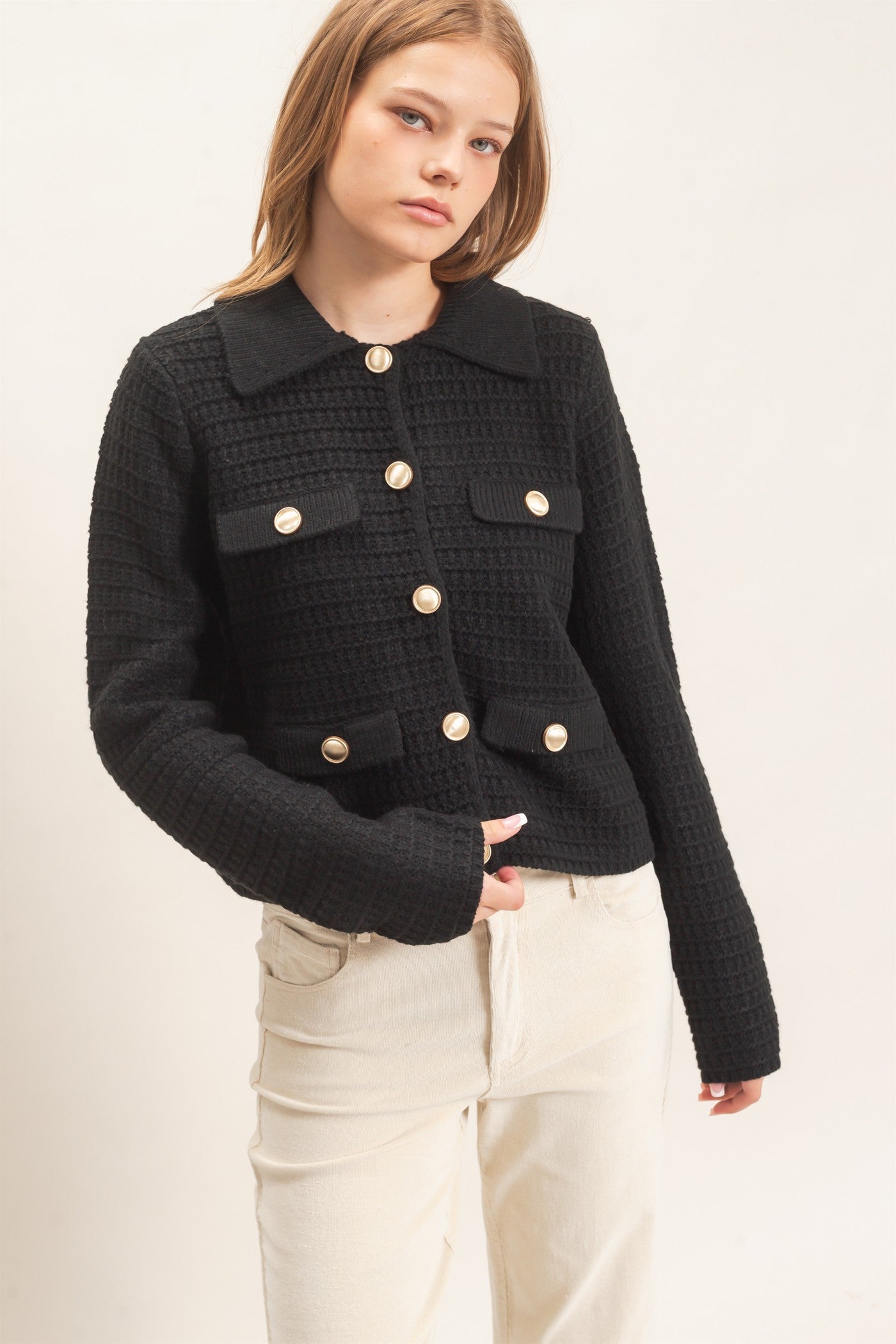 Wholesale Textured Collared Sweater Jacket Cardigans HF26F190 BLACK HYFVE