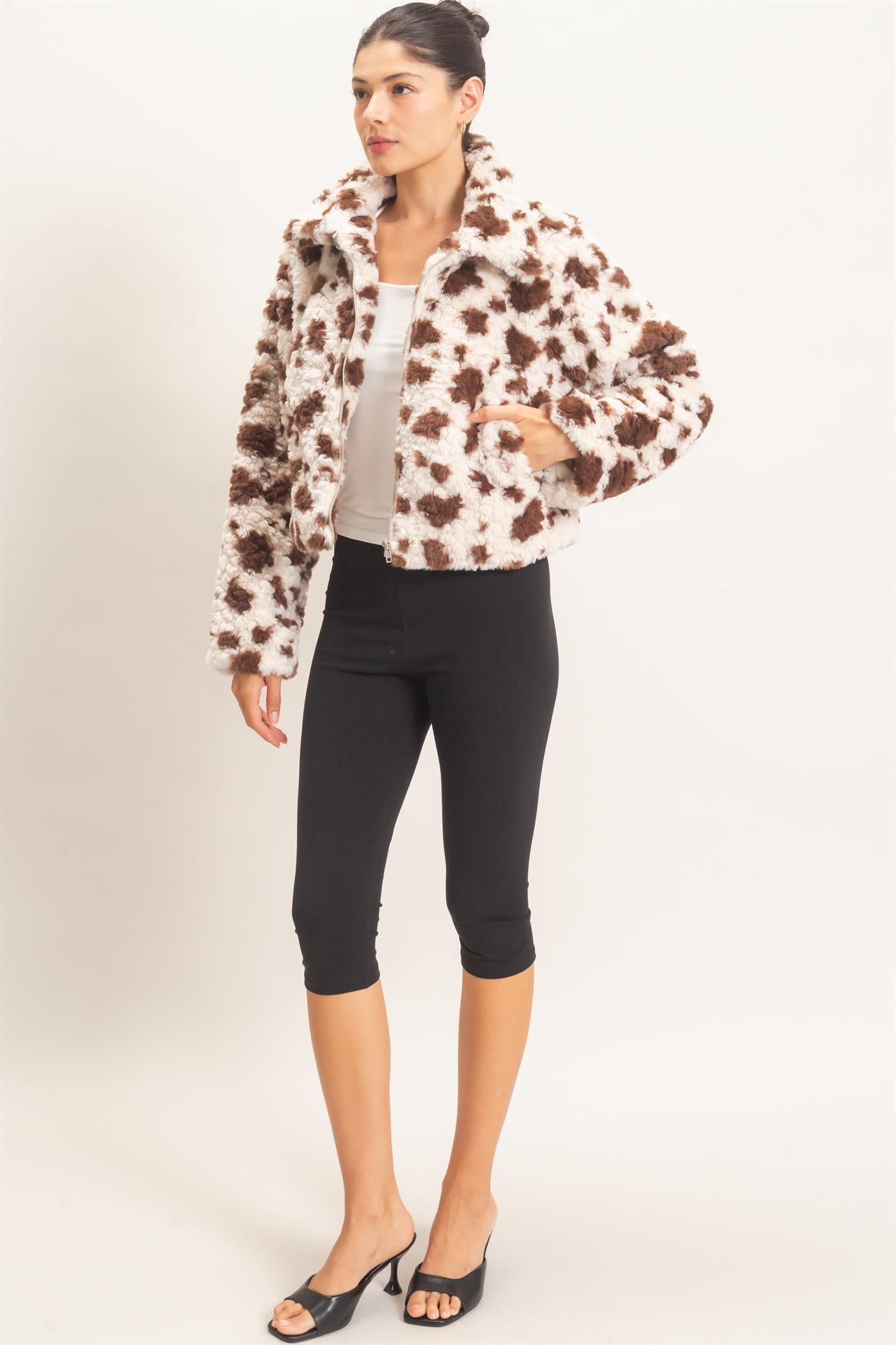 Wholesale Cow Print Faux Fur Zip-Up Jacket Coats & Jackets HF26F056 BROWN HYFVE