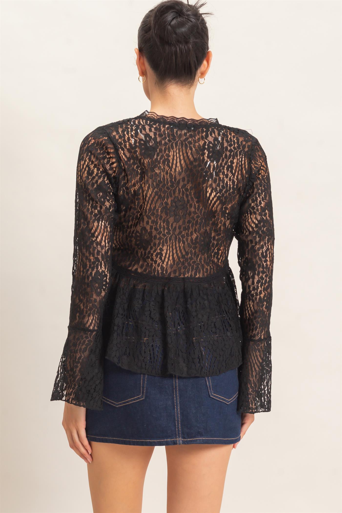 Wholesale Lace V-Neck Peplum Top Clothing Tops HF26E560 BLACK HYFVE