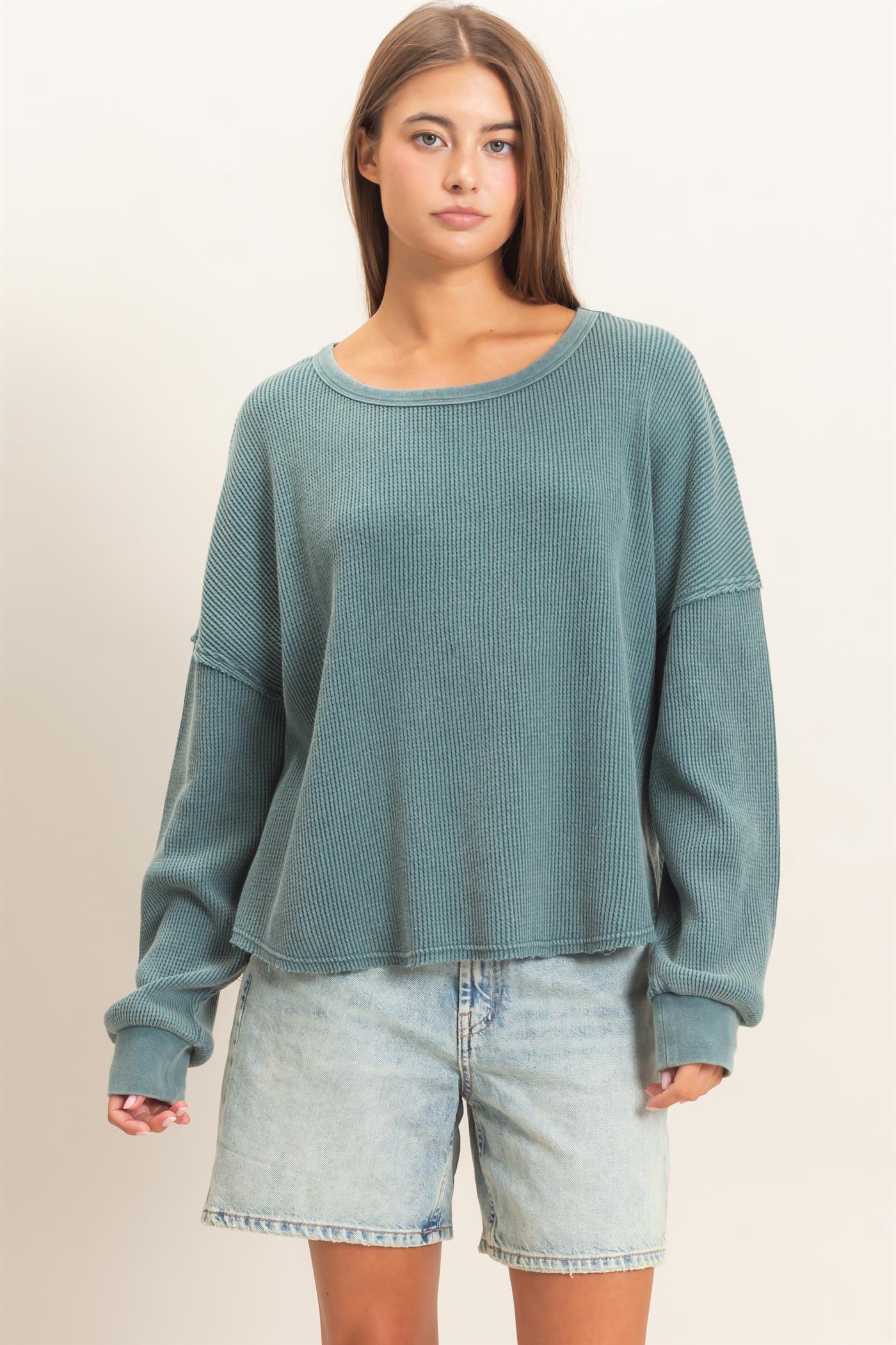 Wholesale Mineral Wash Waffle Oversized Top Clothing Tops DZ26E248 DARK TEAL DOUBLE ZERO