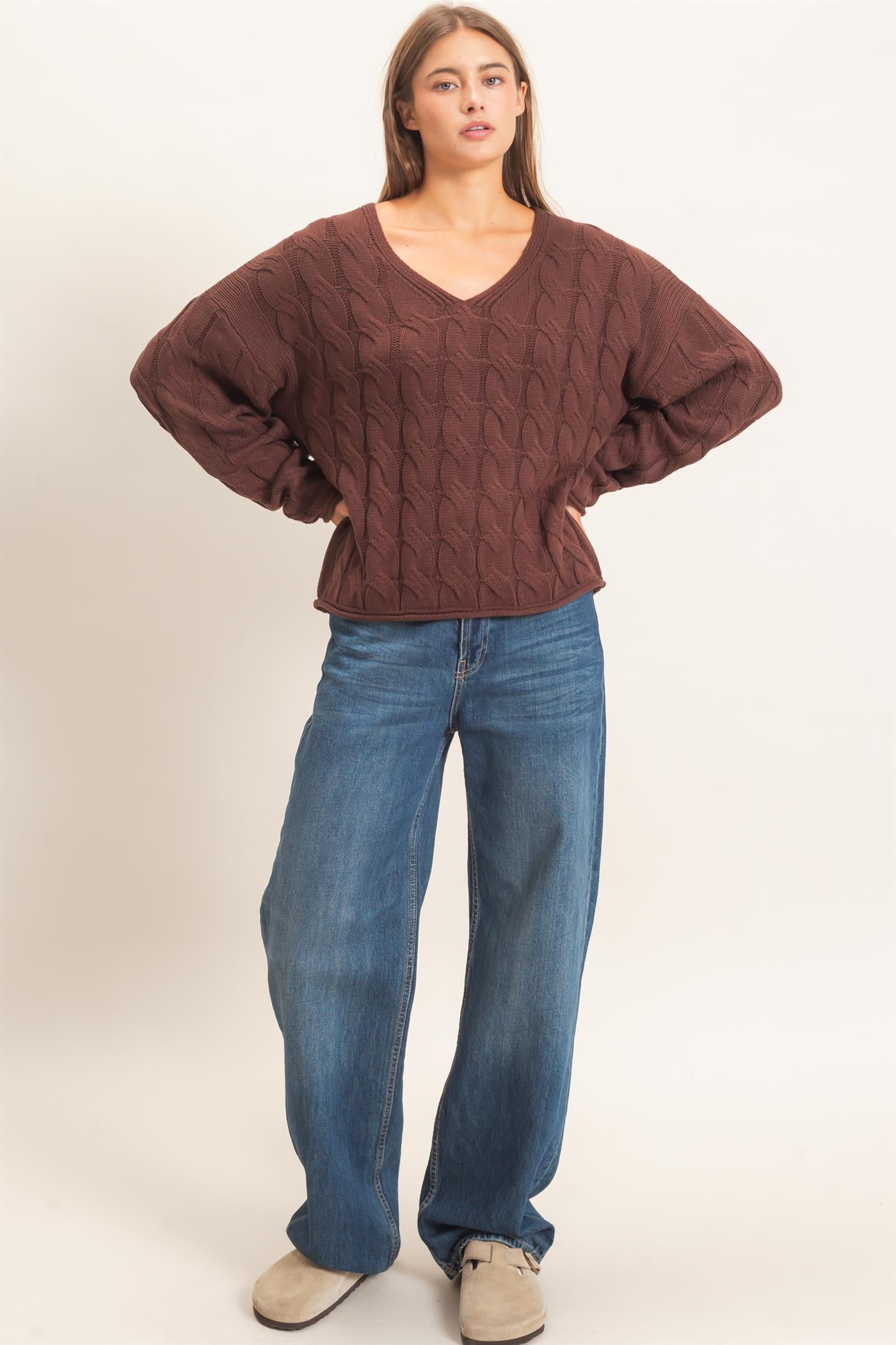 Wholesale Cable Knit V-Neck Sweater Sweaters DZ26E087 DARK BROWN DOUBLE ZERO