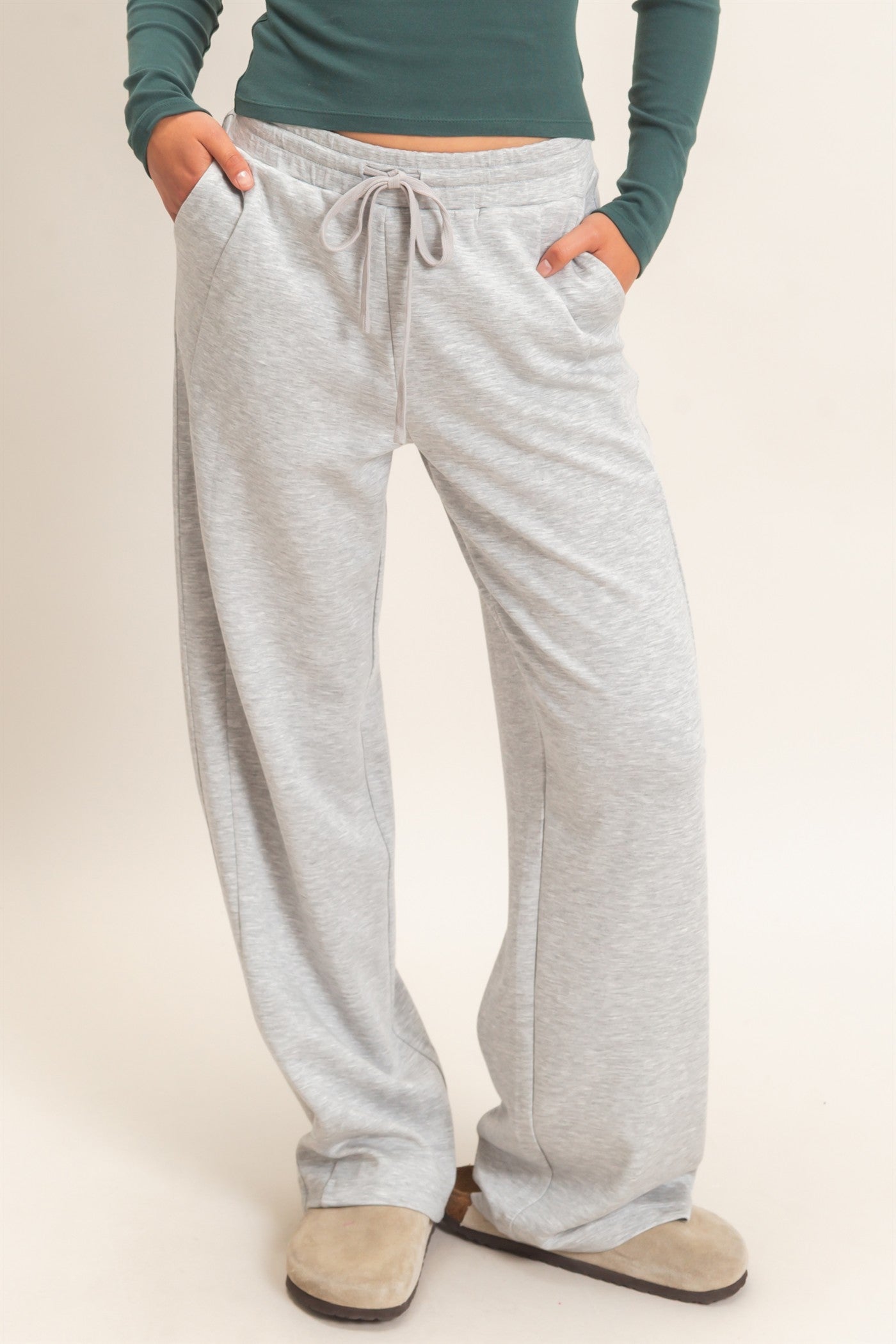 Wholesale Elastic Waist Straight Leg Pants Pants DZ26C969 HEATHER GRAY DOUBLE ZERO