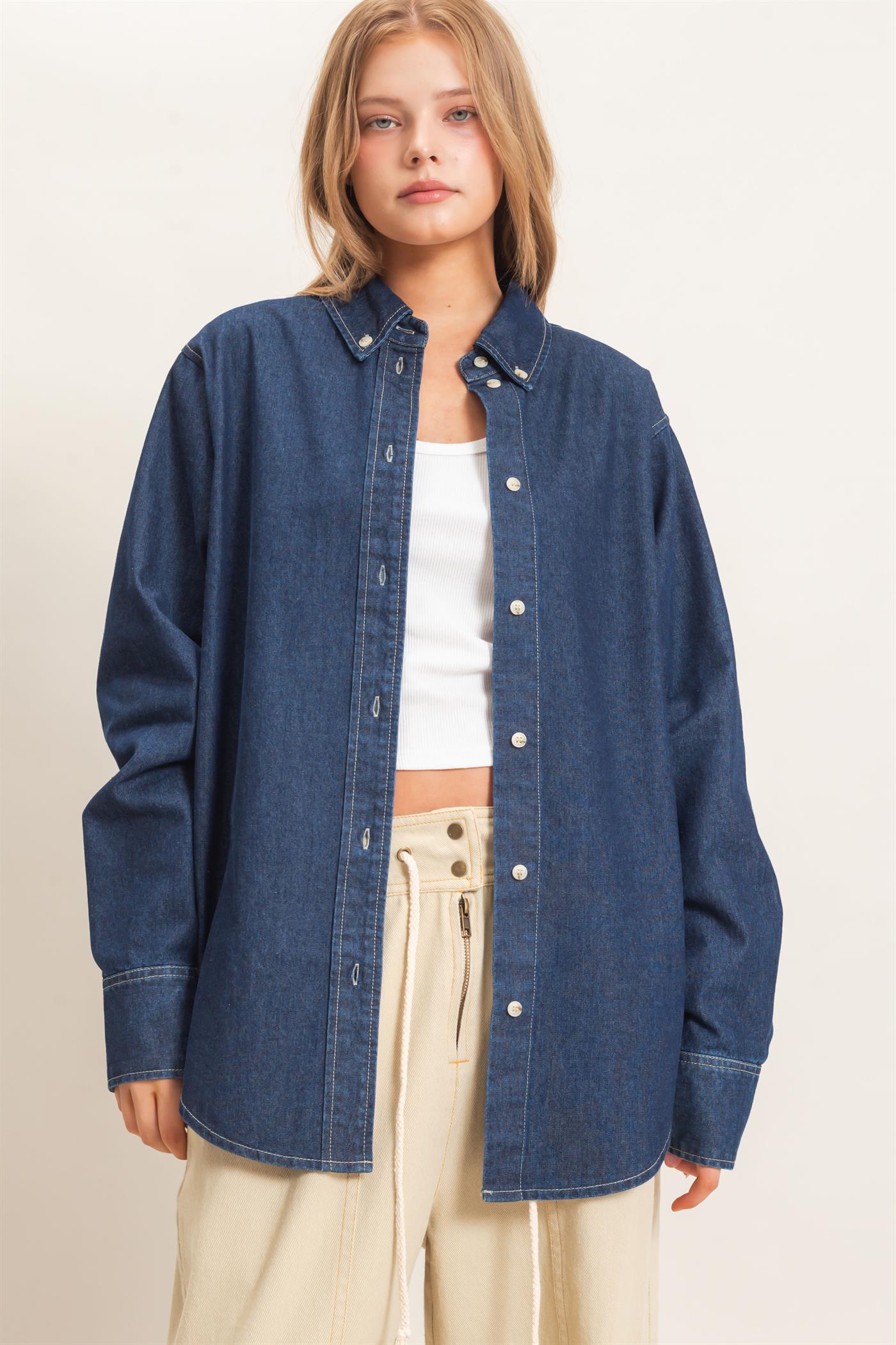 Wholesale Button-Up Denim Shirt Shirts HF26E420 DARK DENIM HYFVE