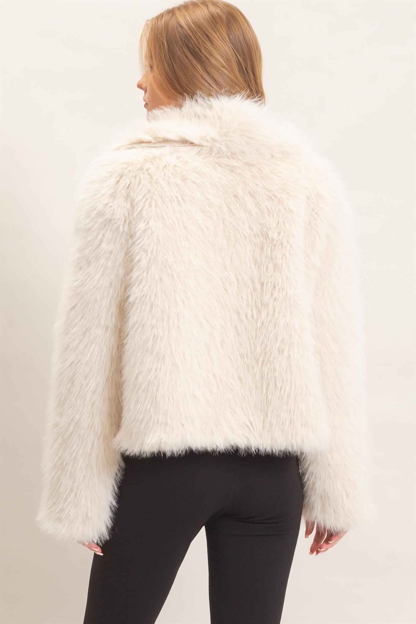 Wholesale Shawl Collar Faux Fur Jacket Outerwear HF26F207-D CREAM HYFVE