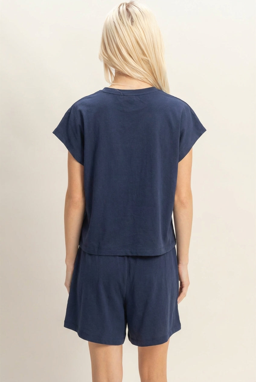 Wholesale Cap Sleeve Boxy Top And Shorts Set Clothing DZ26C543-SET NAVY DOUBLE ZERO