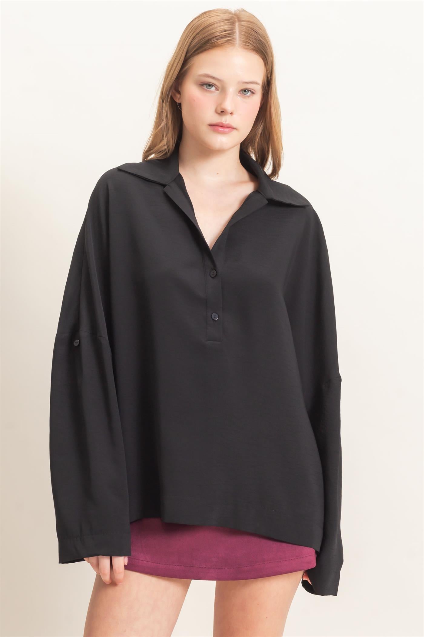 Wholesale Buttoned Collar Split Sleeve Top Clothing Tops HF26F071 BLACK HYFVE