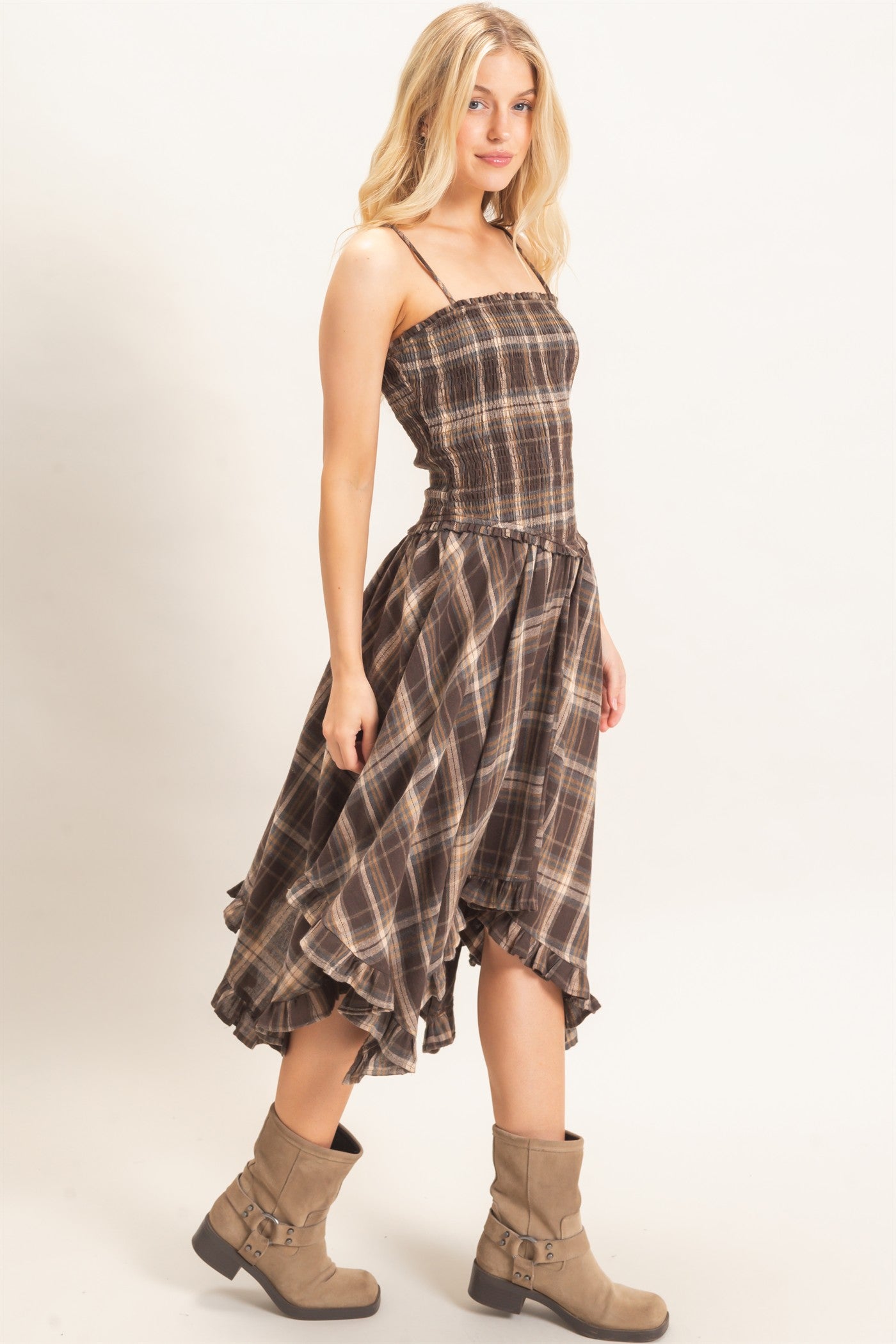 Wholesale Plaid Smocked Spaghetti Strap Dress Dresses HF26F211 BROWN HYFVE