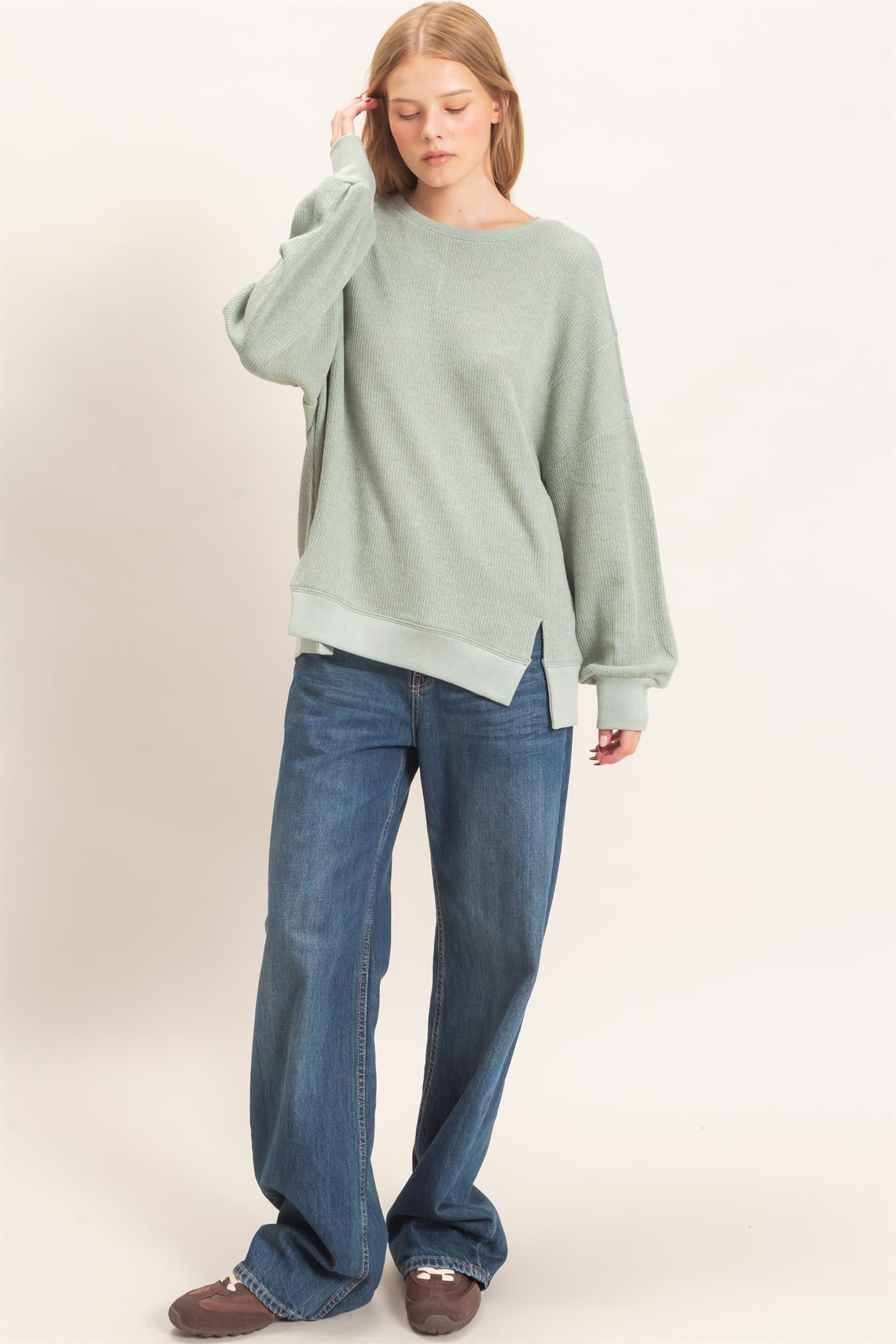 Wholesale Ribbed Boat Neck Knit Top Clothing Tops HF26E852 SAGE HYFVE