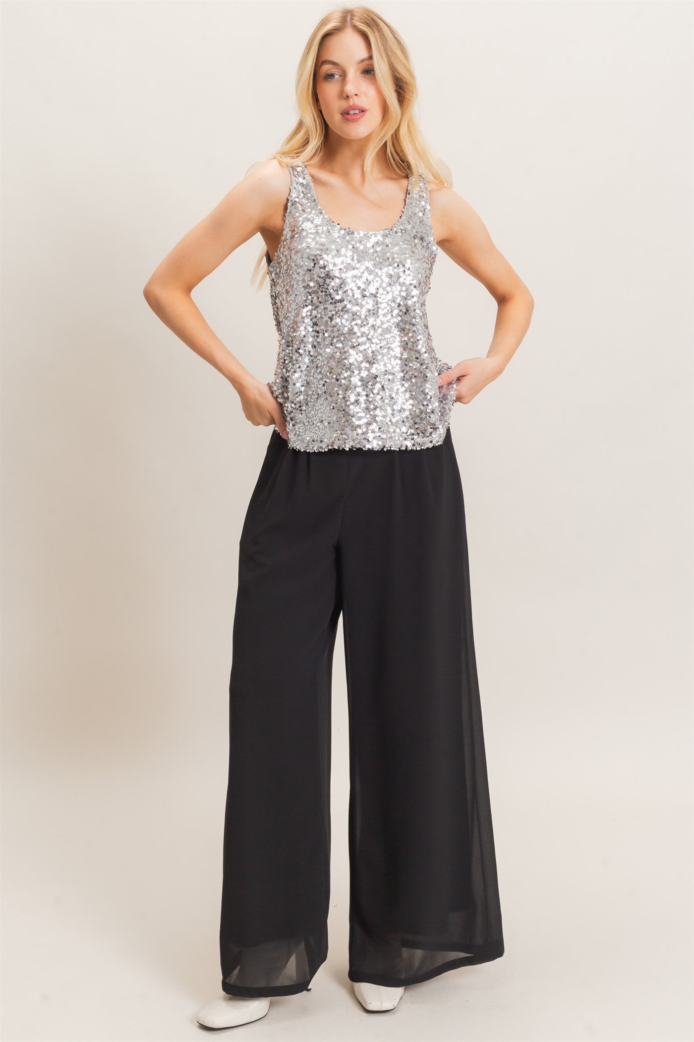 Wholesale Sequin Scoop Neck Tank Tank Tops HF26E097 SILVER HYFVE