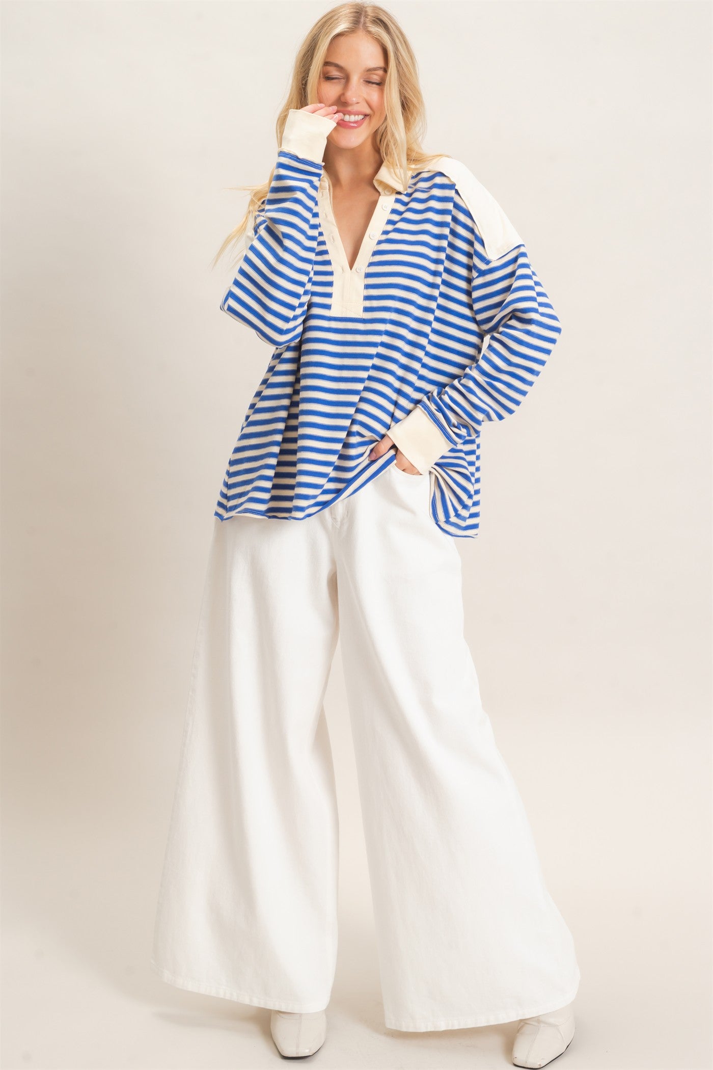 Wholesale Striped Henley Sweatshirt Clothing Tops HF26F089 BLUE HYFVE