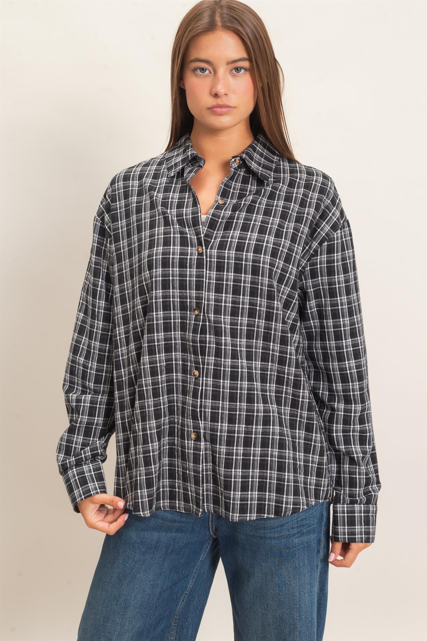 Wholesale Plaid Oversized Shirt Shirts DZ26F062 BLACK DOUBLE ZERO