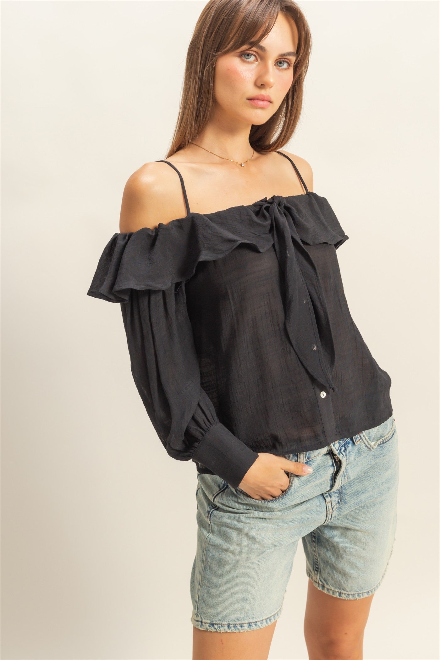 Wholesale Cold-Shoulder Ruffled Blouse Clothing Tops HF23C787 BLACK HYFVE