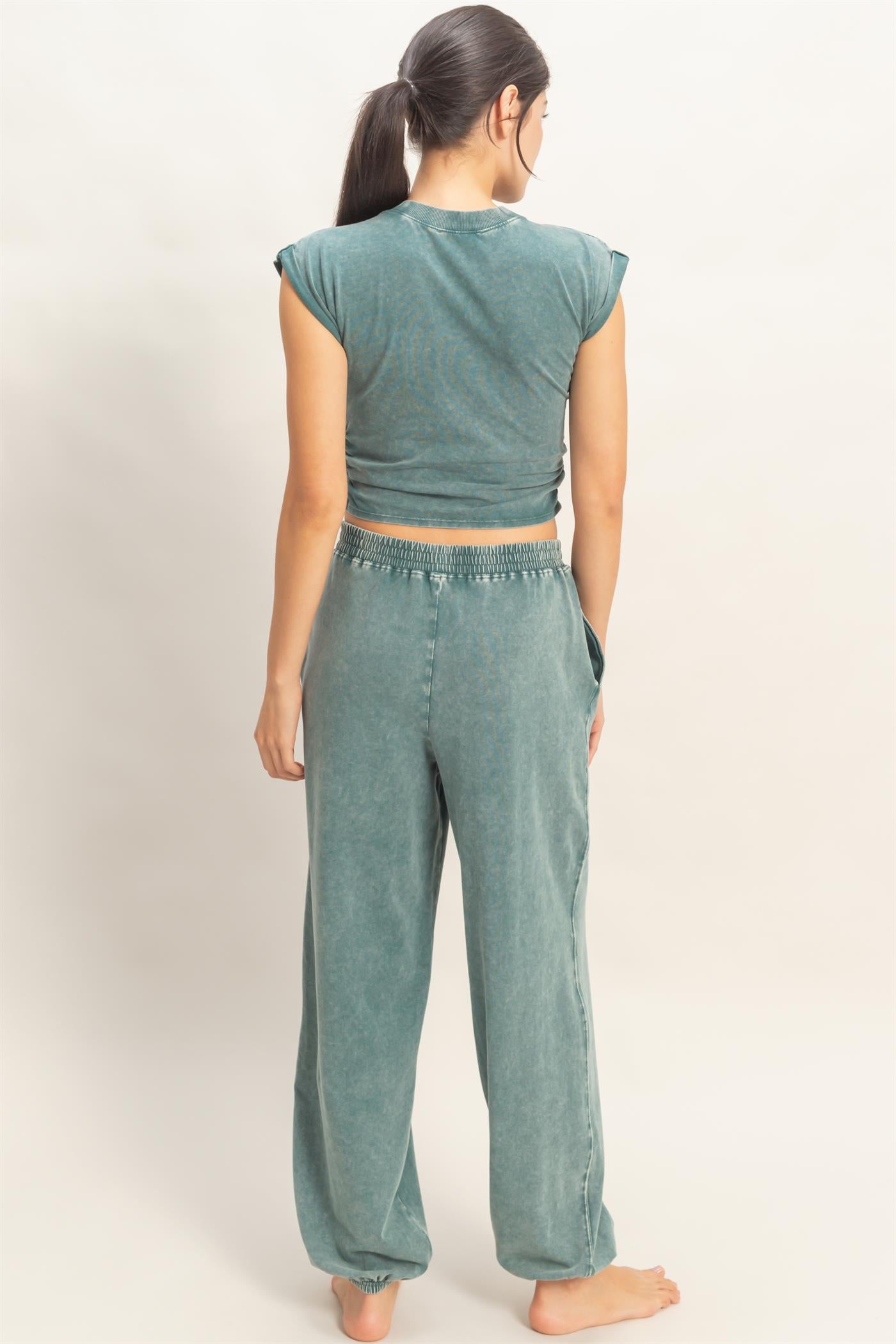 Wholesale Rolled Sleeve Wrap-Front Crop Top And Jogger Set Clothing DZ26A172-SET DARK TEAL DOUBLE ZERO