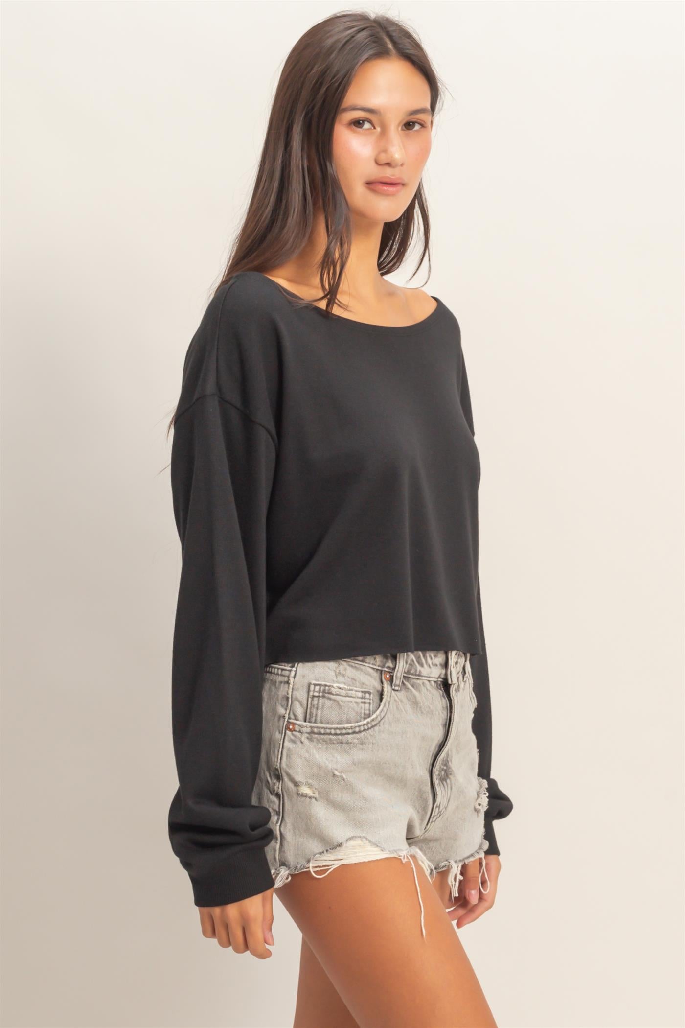 Wholesale Casually Cute Boat Neck Long Sleeve Top Clothing Tops DZ25C023 BLACK DOUBLE ZERO