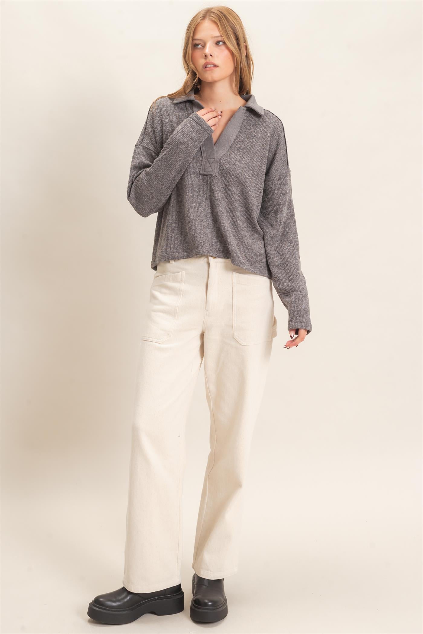 Wholesale Ribbed Collared Pullover Top Clothing Tops HF26E472 GRAY HYFVE