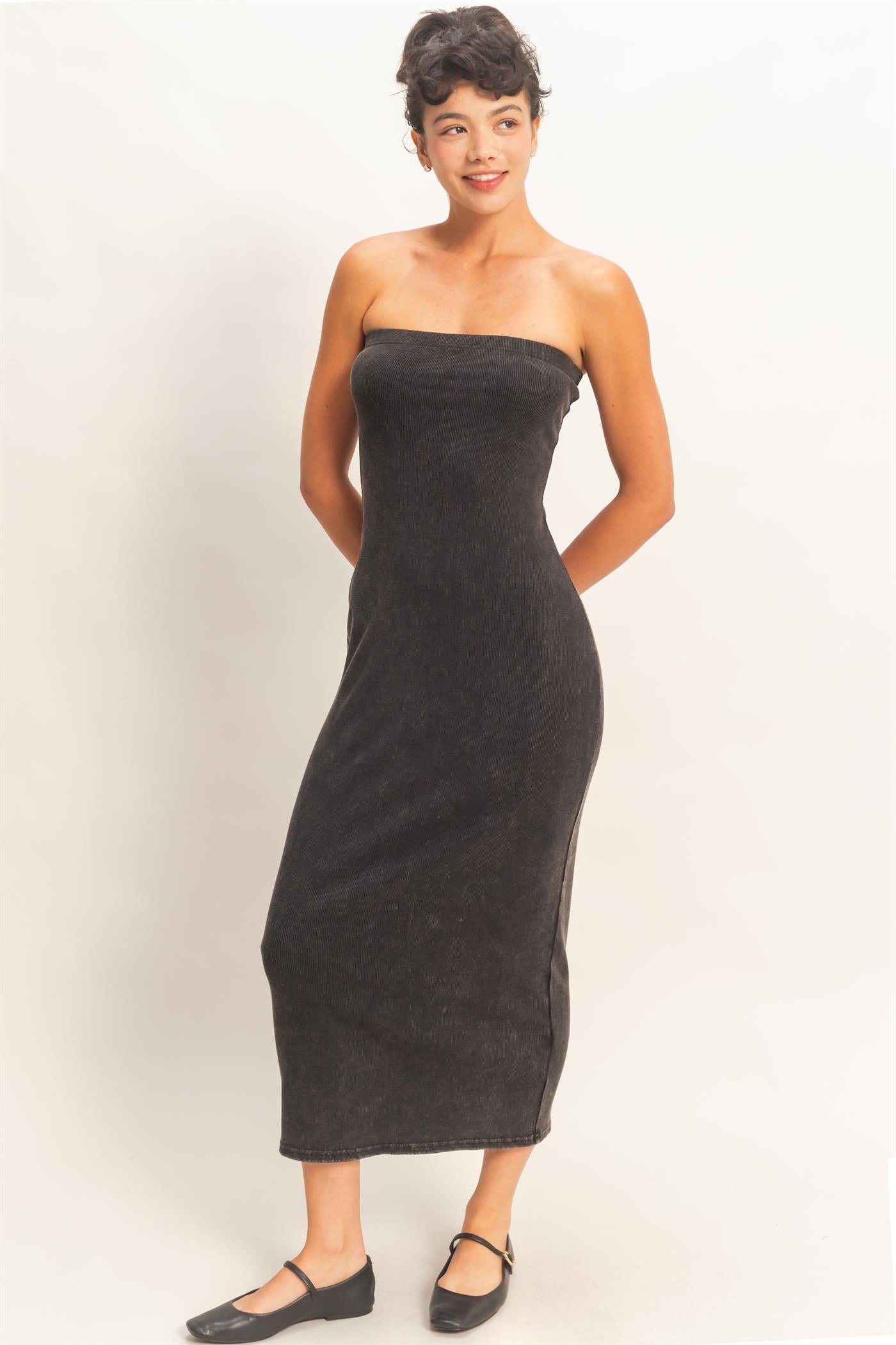 Wholesale Acid Washed Ribbed Midi Tube Dress Dresses DZ26C620 BLACK DOUBLE ZERO