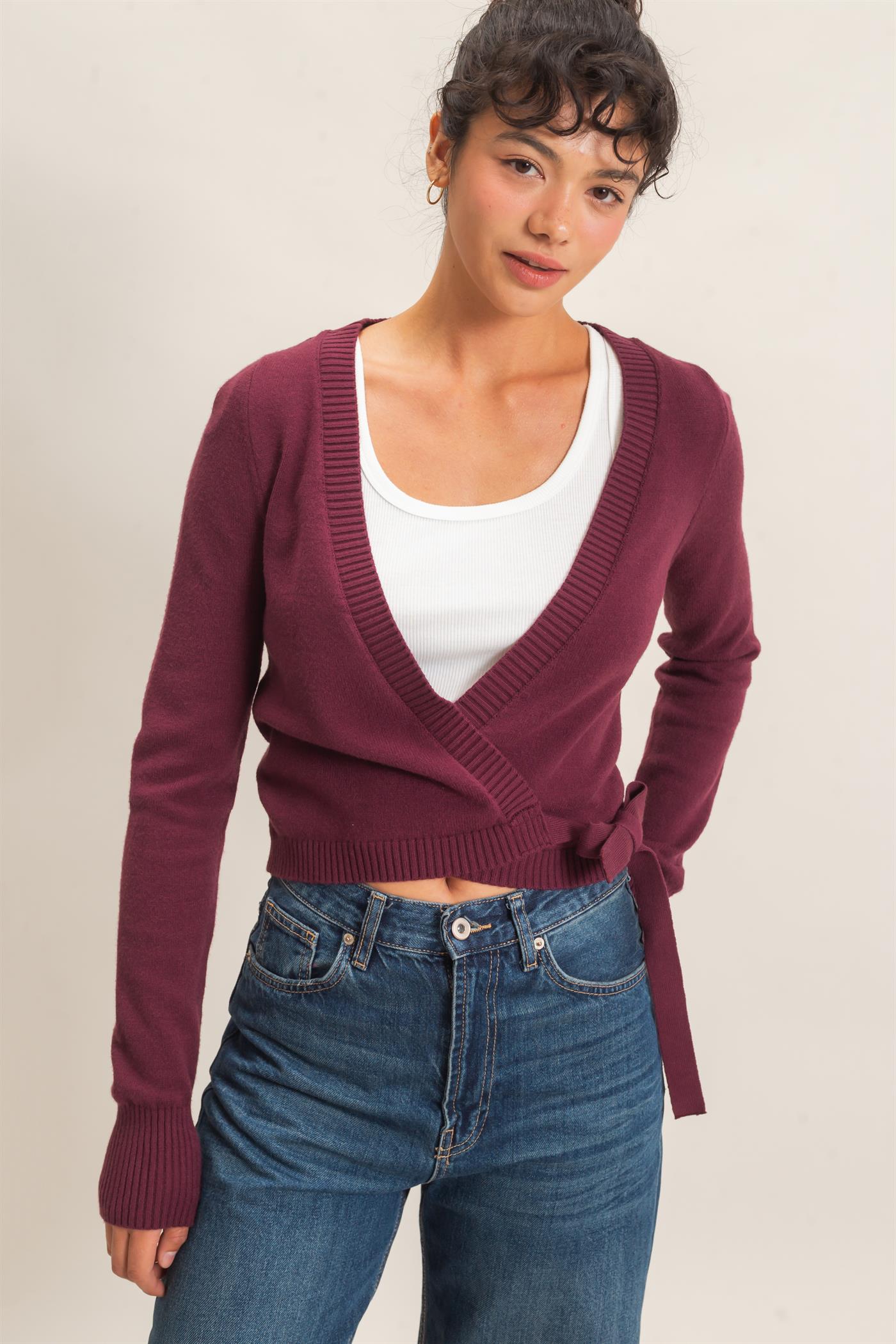 Wholesale Wrap Knit Cardigan Sweaters DZ26F393 DARK CHERRY DOUBLE ZERO