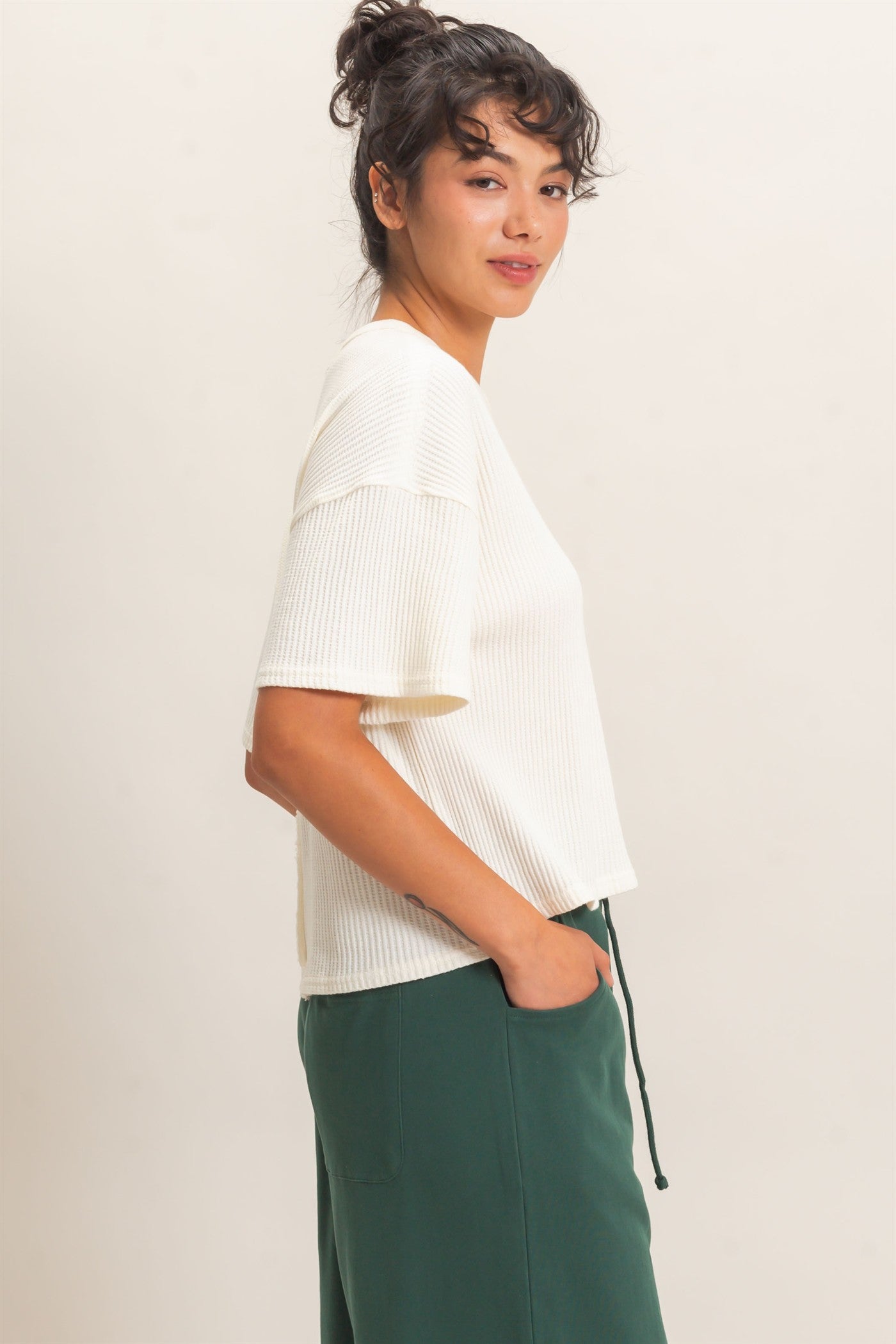 Wholesale Mineral Wash Waffle Knit Pocket Top Clothing Tops DZ26E222 CREAM DOUBLE ZERO