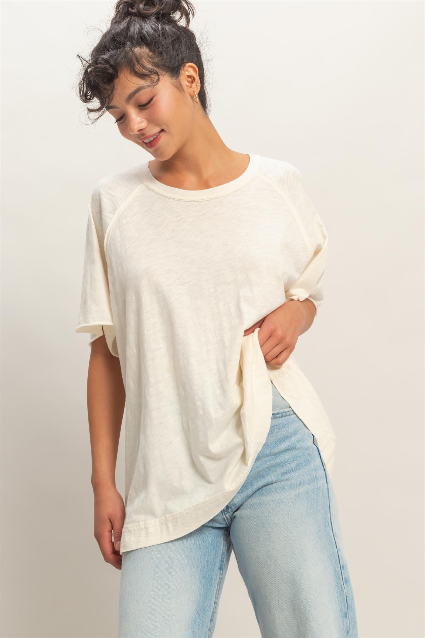 Wholesale Acid Washed Oversized Raw Edges Raglan Tee T-Shirts DZ26A333 WHIP CREAM DOUBLE ZERO