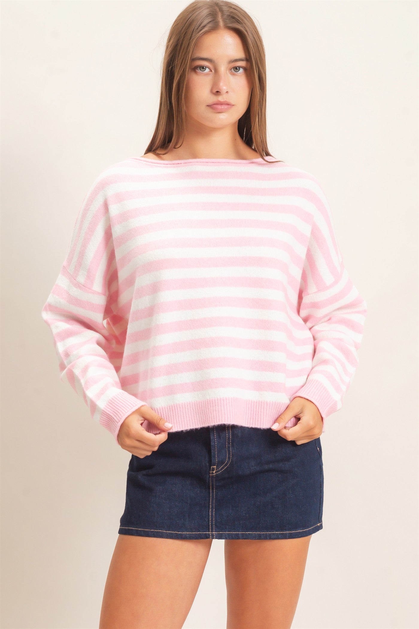 Wholesale Off The Shoulder Striped Sweater Sweaters DZ26E653 PINK DOUBLE ZERO