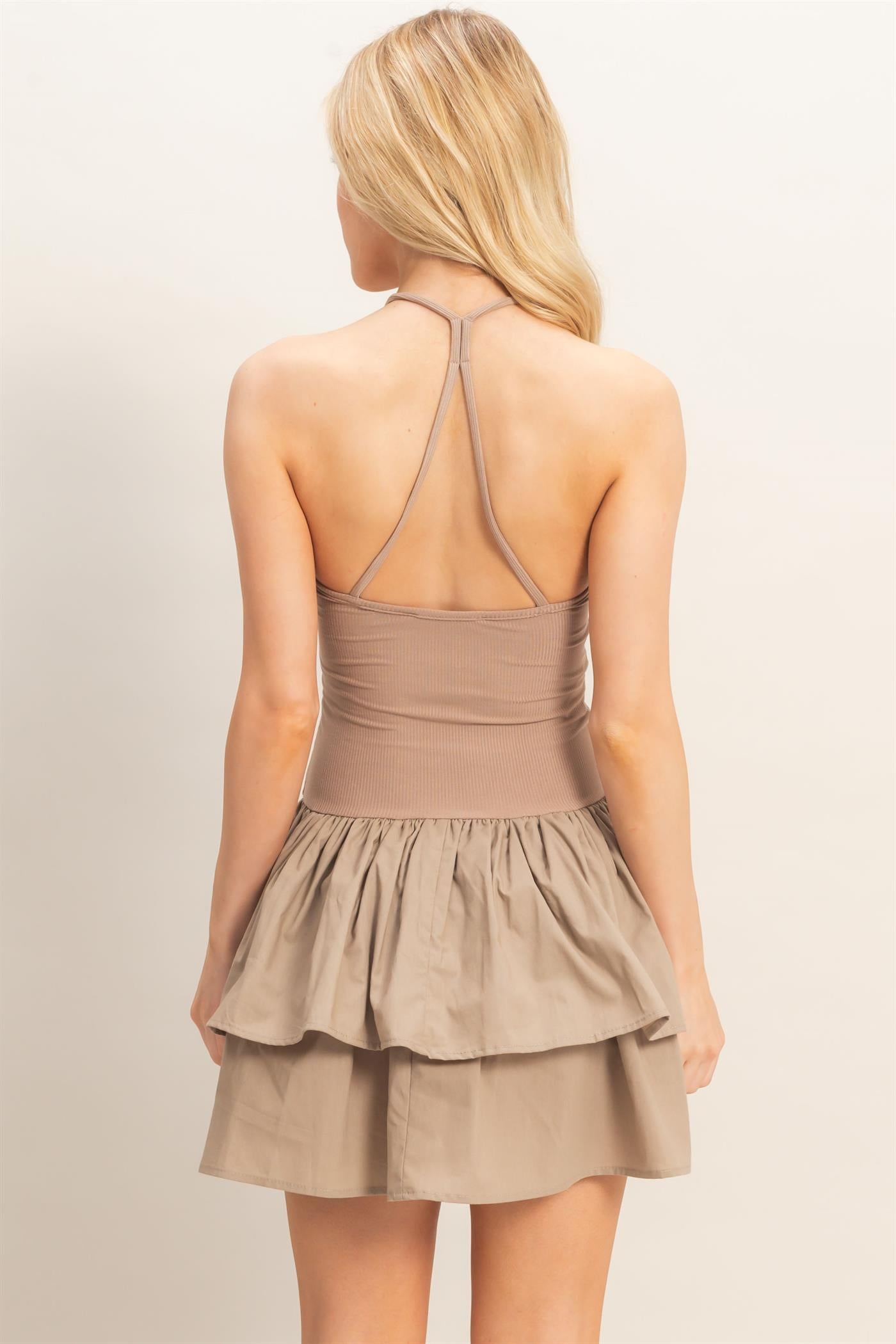 Wholesale Ribbed Halter Dress With Tiered Skirt Dresses HF26C270 LIGHT MOCHA HYFVE