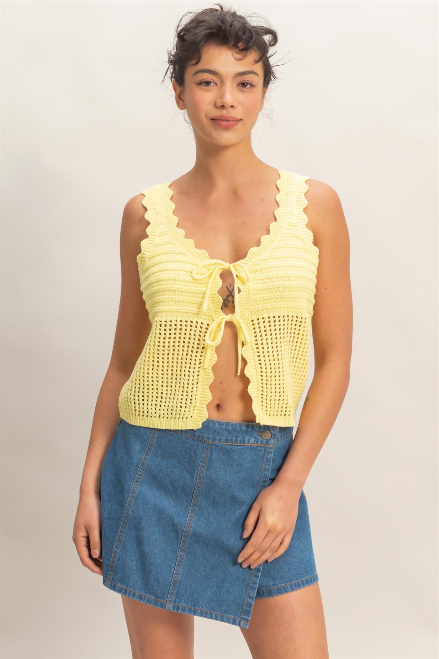 Wholesale Sleeveless Open Knit Double Tie-Front Vest Shirts DZ26A809 PALE YELLOW DOUBLE ZERO