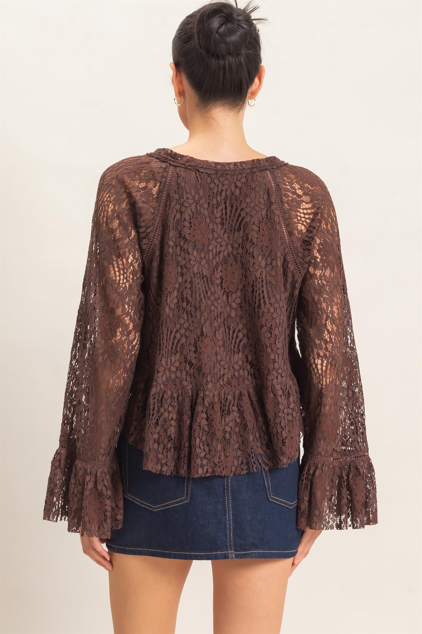 Wholesale Lace Bell Sleeve Top Blouses HF26C768 BROWN HYFVE