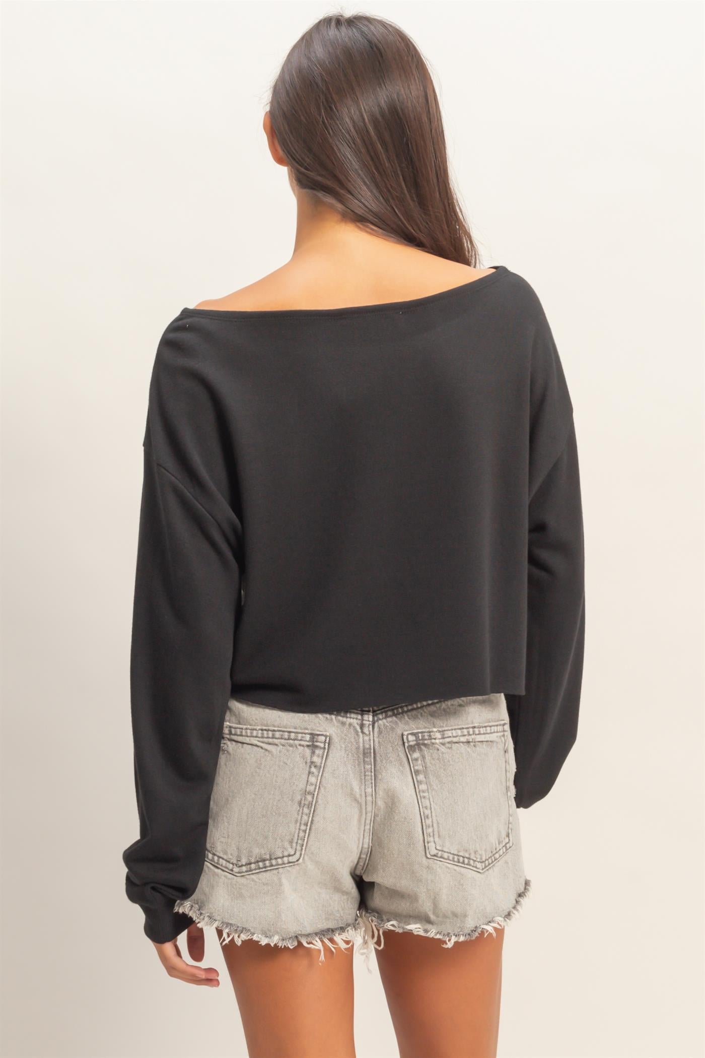 Wholesale Casually Cute Boat Neck Long Sleeve Top Clothing Tops DZ25C023 BLACK DOUBLE ZERO