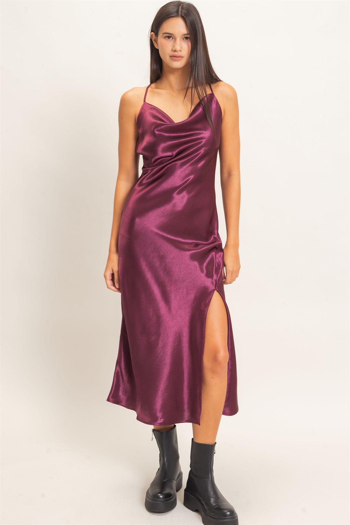 Wholesale Cowl Neck Satin Slip Dress Dresses DZ26E251 DARK CHERRY DOUBLE ZERO