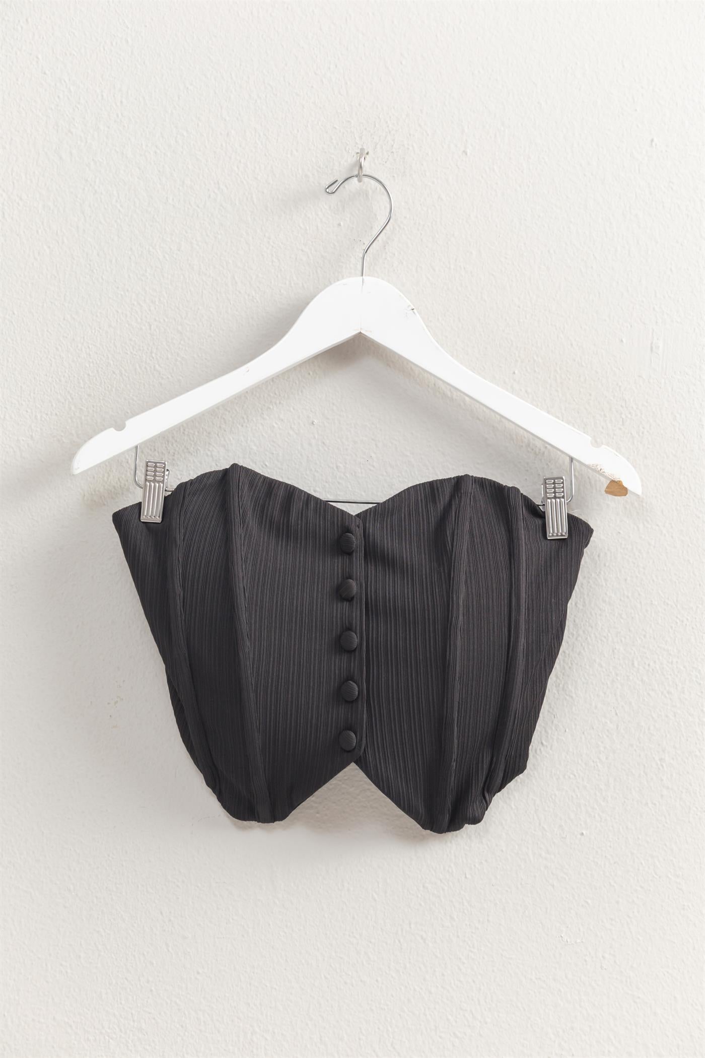 Wholesale Buttoned Front Strapless Knit Bustier Top Clothing Tops HF25A209 BLACK HYFVE