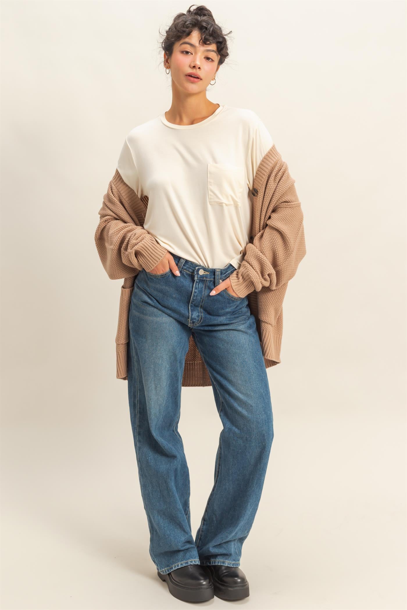 Wholesale Classic Crew Neck Short Sleeve Pocket Top T-Shirts DZ25C922 CREAM DOUBLE ZERO