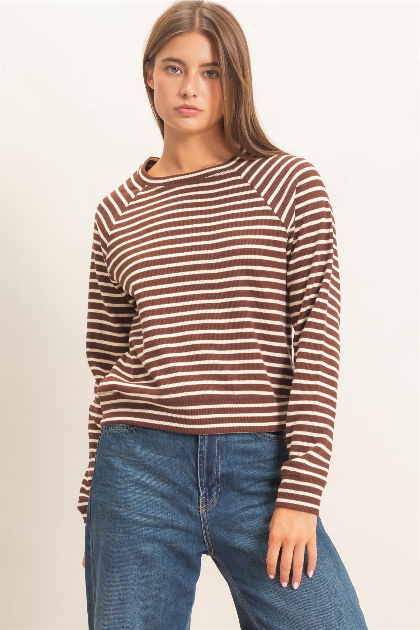 Wholesale Striped Waffle Knit Raglan Top Clothing Tops DZ26E450 DARK BROWN DOUBLE ZERO