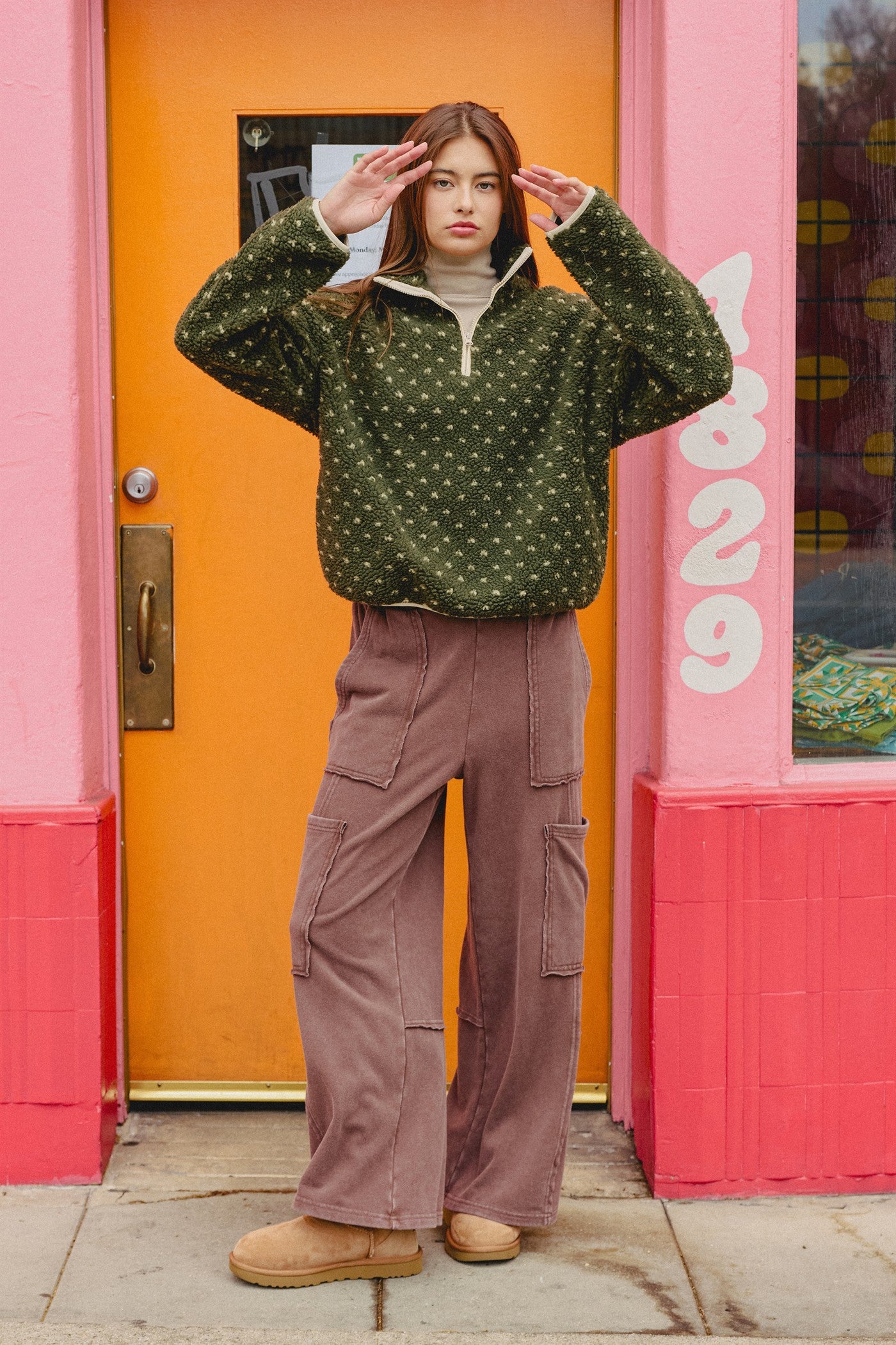 Wholesale Polka Dot Sherpa Half-Zip Pullover Coats & Jackets DZ26F161 DARK OLIVE DOUBLE ZERO