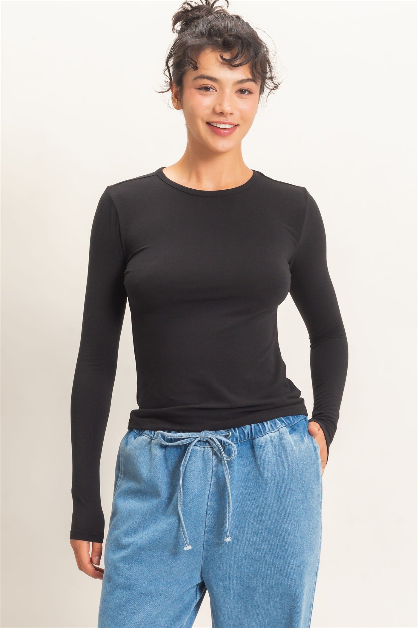 Wholesale Crew Neck Long Sleeve Top Clothing Tops DZ26E258 BLACK DOUBLE ZERO