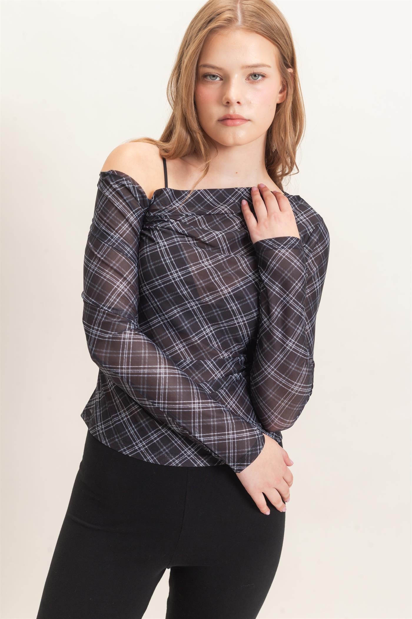 Wholesale Asymmetrical Plaid Off Shoulder Top Dresses HF26E710 BLACK HYFVE