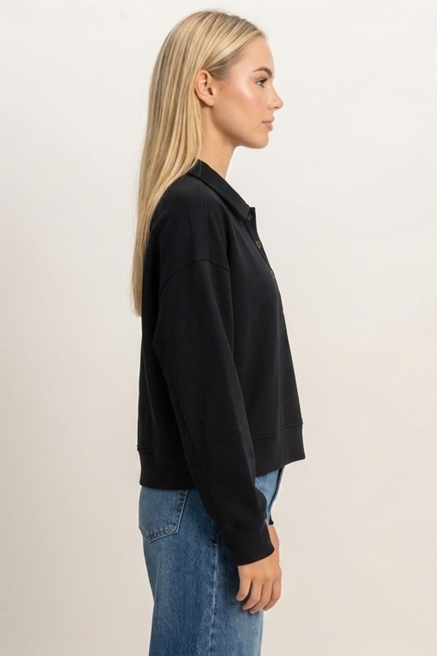 Wholesale Washed Button-Front Collared Sweatshirt Sweatshirts DZ26E390 BLACK DOUBLE ZERO