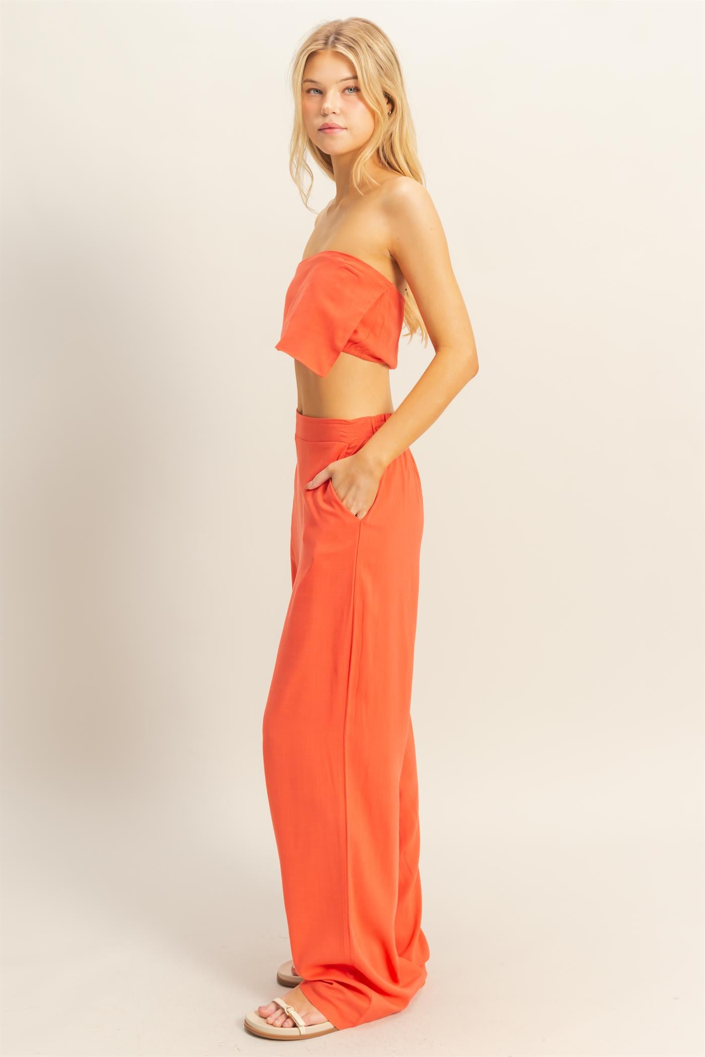 Wholesale Stretch Linen Top And Pants Set Clothing HF25E016-SET ORANGE RED HYFVE