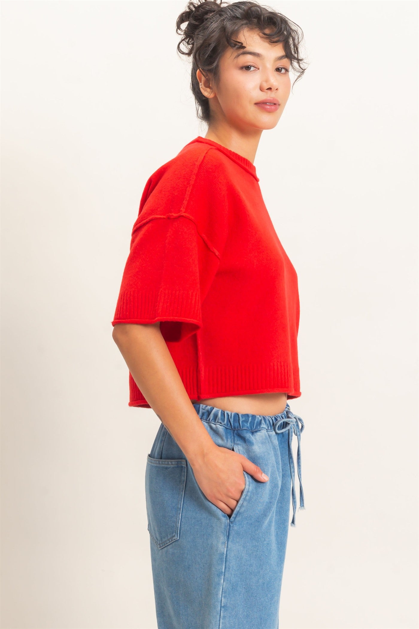 Wholesale Seam Detail Short Sleeve Knit Top Clothing Tops DZ26A827 RED DOUBLE ZERO
